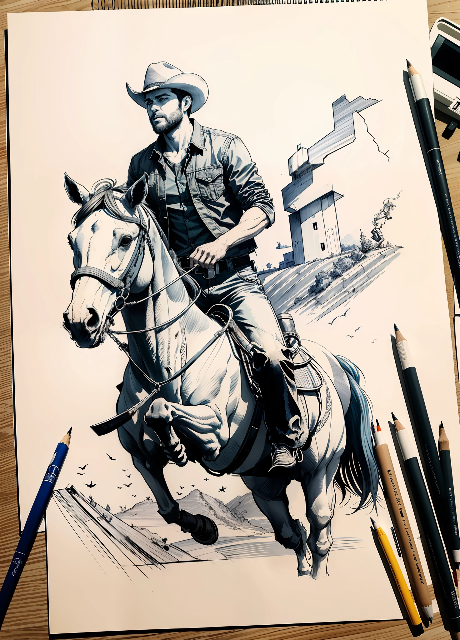 Desenho de um cowboy puxando um cavalo pela corda, paisagem, sketch artstyle, escala de cinza, monocromatic