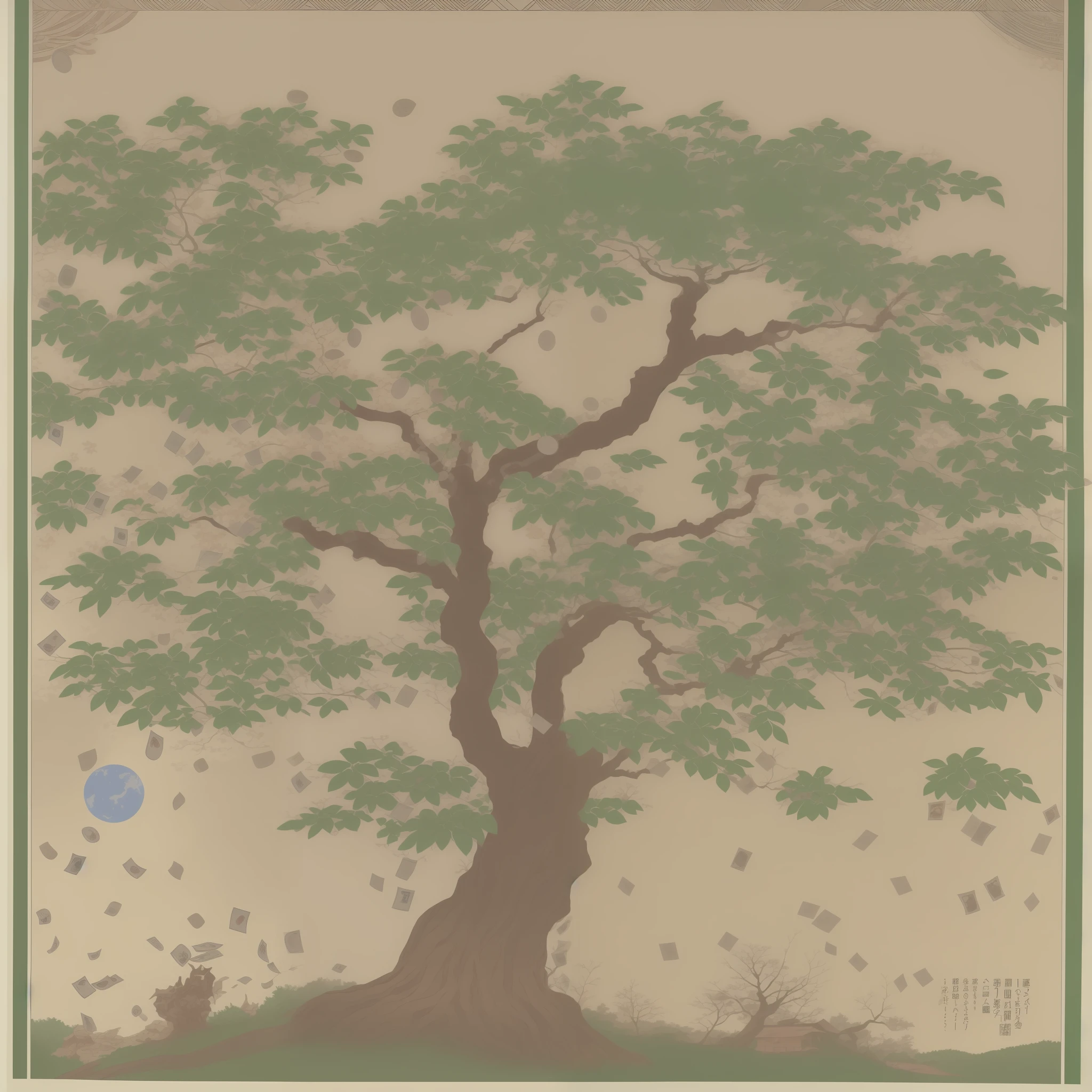 there is a poster with a tree and money coming out of it, election poster, by Un'ichi Hiratsuka, by Kamisaka Sekka, by Yokoyama Taikan, けもの, by Maeda Masao, by Uragami Gyokudō, by Central Plains Nantianfang, by Shinoda Toko