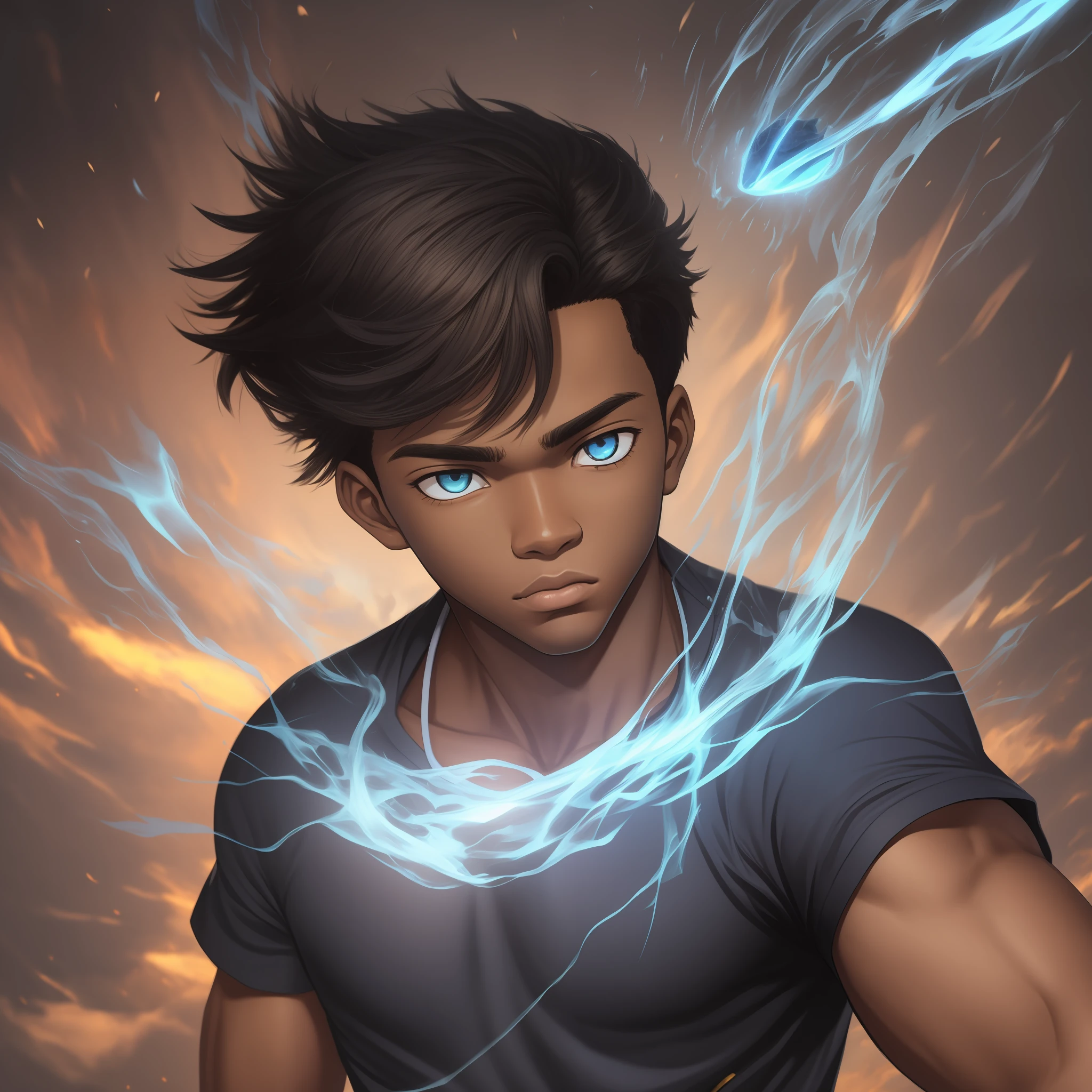 Jovem negro de 16 anos, sentando em uma pedra, characteristics of a 16-year-old, anime traits, poderes elementais de energia, cacheados escuros, male gender, cor de pele escura, somente, Aura elementar azul