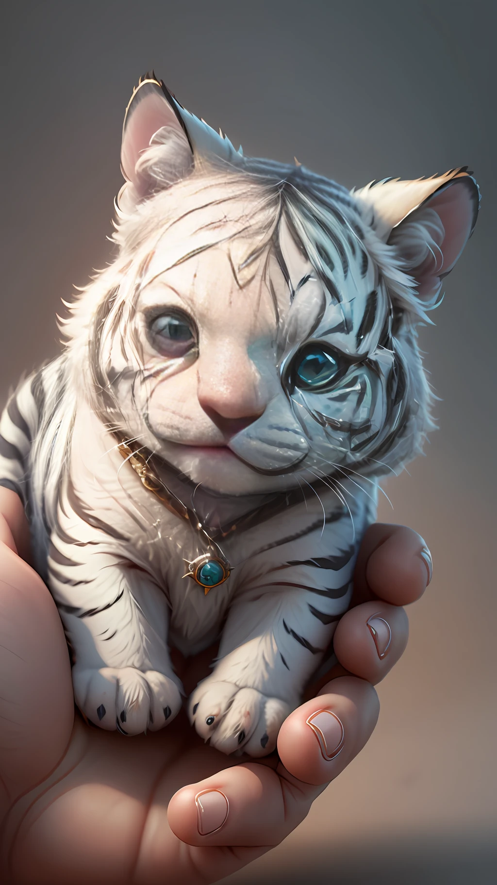 cute tiny hyperrealistic white tiger with different color eyes waring a necklace, Chibi, adorable and fluffy, logo design, cartoon, cinematic lighting effect, charming, 3D vector art, cute and quirky, fantasy art, bokeh, hand-drawn, digital painting, soft lighting, isometric style, 4K resolution, photorealistic rendering, highly detailed clean, vector image, photorealistic masterpiece, professional photography, simple space backdrop, flat white background, isometric, vibrant vector