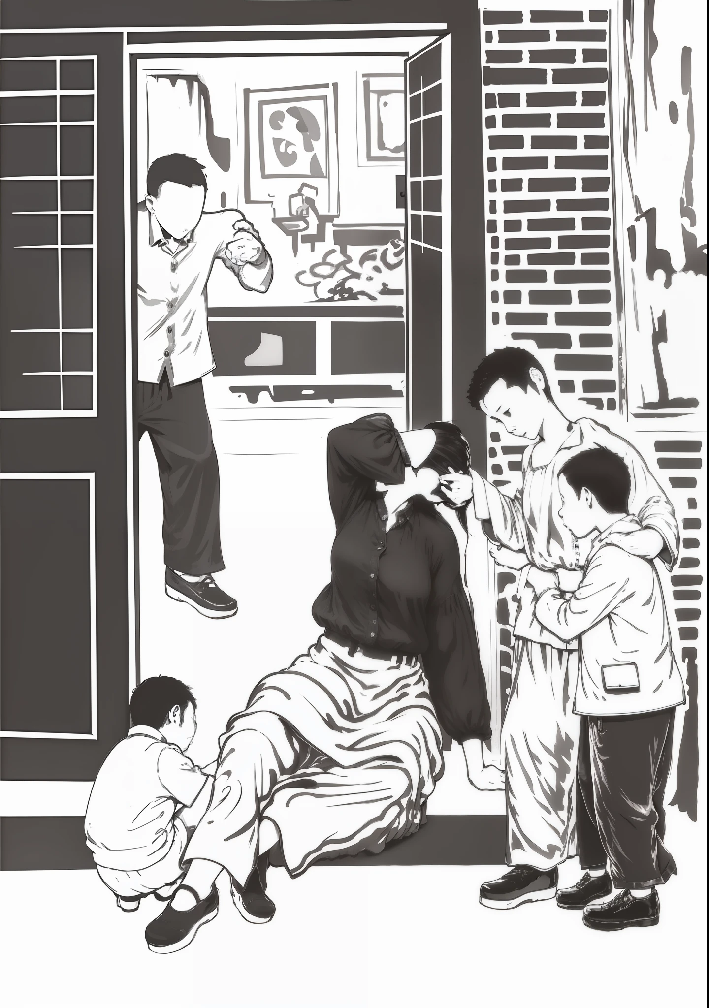 The father inside the door pointed to his mother sitting on the threshold,The on the left crouches at his mother's feet and plays,The older child on the right is supporting his younger brother,While comforting his mother