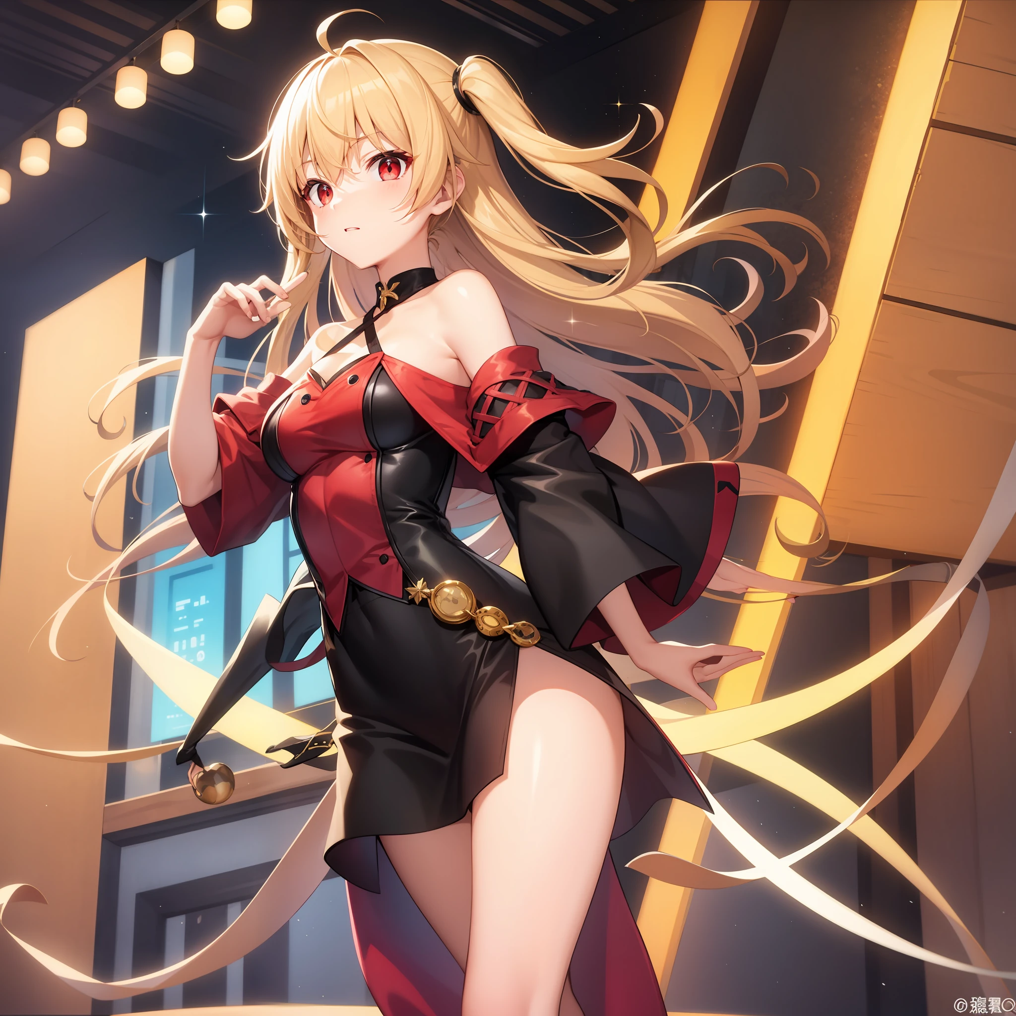 animated cartoon、Blonde and red-eyed girl、off shoulders、western clothes、soio、独奏