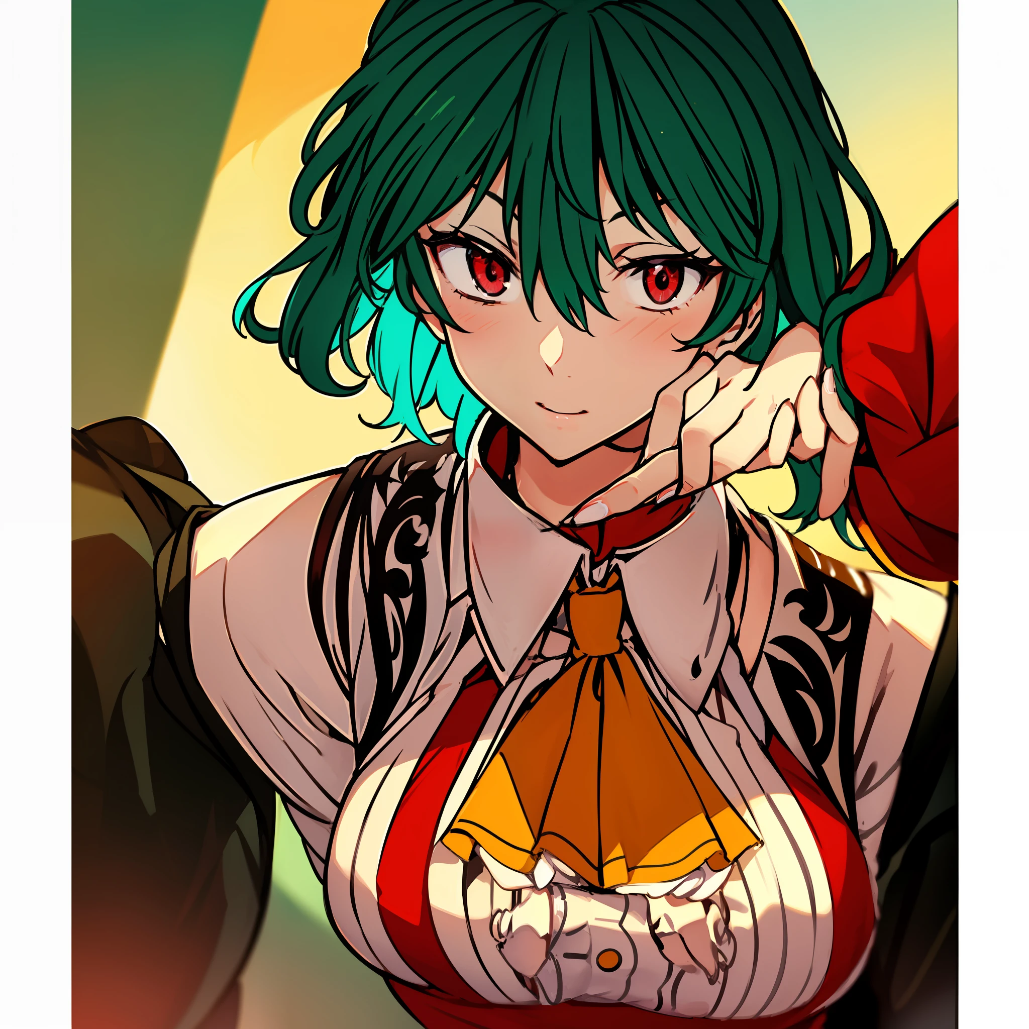 masutepiece, Fine detail, 4K, 8K, 12K, Solo, One person, Beautiful girl, caucasian female, Yuka Kazami of the Touhou Project、red eyes、Green hair、big chest out、(shorth hair)、chinese clothes, Chinese dress, Chinatown