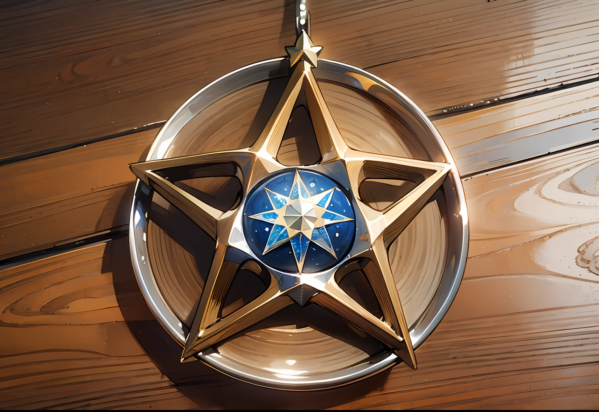 image of a pendant on a wooden table, solo, (shape of an eight-point star:1.4), 5cm big, intricate design, silver lining with blue details, attached silver chain