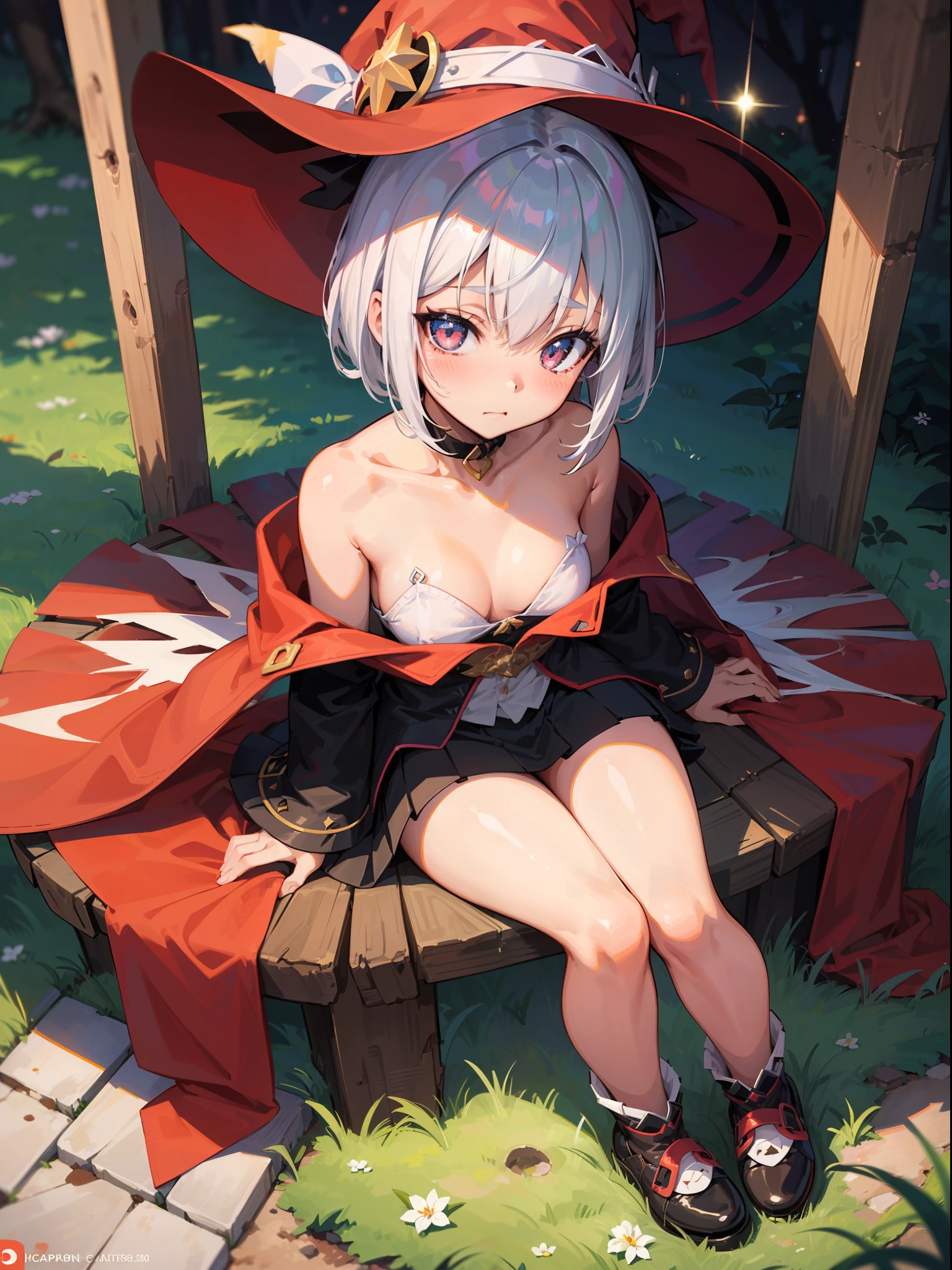 ((masutepiece)), ((Best quality)), (Ultra-detailed), ((kawaii)), cute, (lovly), ((Sexy)), (Ero), ((Extremely detailed)), 4K, (8K), Best quality, (Beautiful), Illustration, Anime style, Painting, Dynamic Angle, Full body, look down from above, gradients, full body focus, forest, evening, Cute s, 1girl in, Solo, (Witch), Beautiful white hair, beautiful silver eyes, ((Beautiful eyes)), White-skinned, Short hair, big chest out, Triumphant look, smug look, self-satisfied look, blush, sparkling effect, Lens Flare, shiny-glistening, gleaming,
