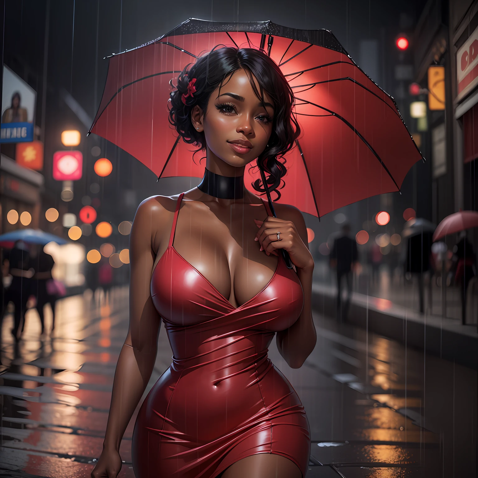 black woman, red dress, restaurant --auto