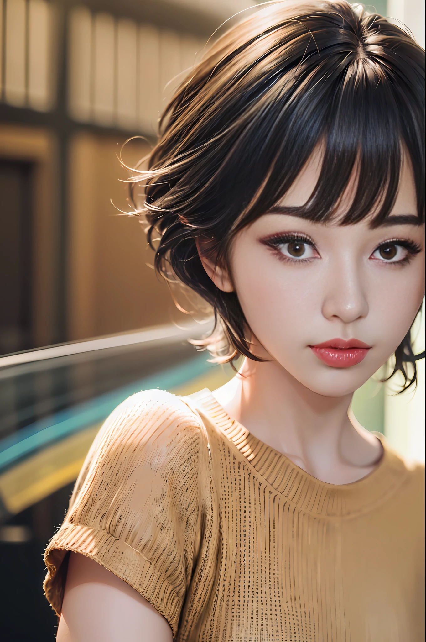 (masterpiece:1.3), (8k, photorealistic, RAW photo, best quality: 1.4), (1girl), beautiful face, (realistic face), (black hair, short hair:1.3), beautiful hairstyle, realistic eyes, beautiful detailed eyes, (realistic skin), beautiful skin, (sweater), absurdres, attractive, ultra high res, ultra realistic, highly detailed, golden ratio