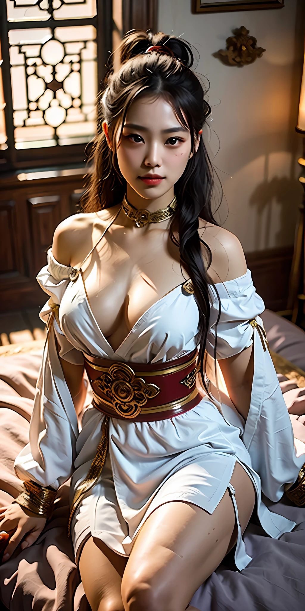 realisticlying,Textured skin,{Best quality},{A high resolution},Beautiful and charming sexy beauty,fully body photo,28 year old,Delicate and charming round face,With a smile,Slim and attractive figure,Delicate and charming collarbones, Air bangs,Bblack hair,Bright, big-eyed eyes,Pink lips,双眼皮,High quality aristocratic shirt,Collar,Gorgeous room elegantly decorated,First perspective,Elegantly lying guqin