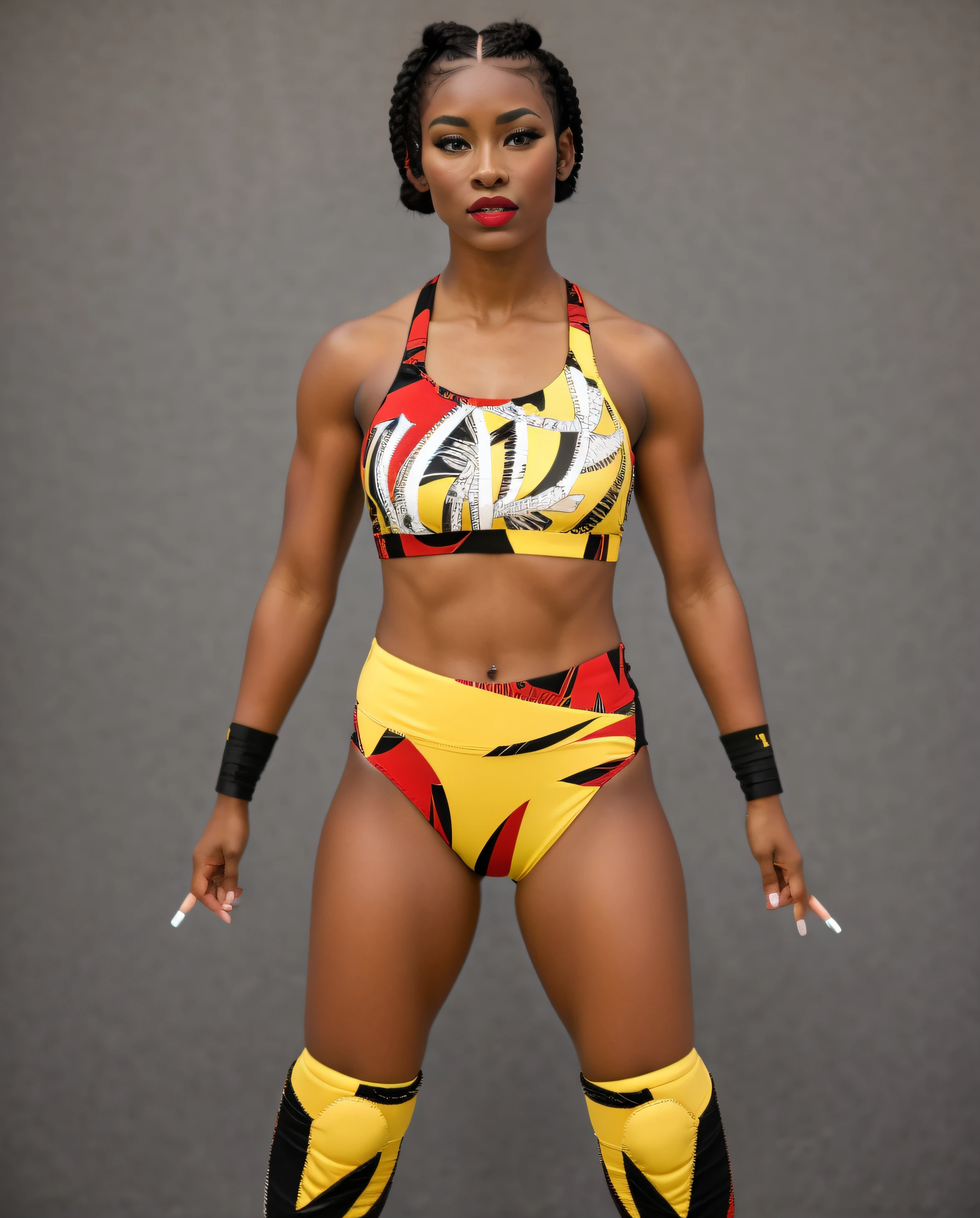 Black female wrestler with short braids, in red black yellow and white abstract patterned sports bra that says "HOLLIS", red black and yellow abstract patterned high cut trunks, yellow and black knee-pads, black wristbands, wearing lipstick and eye shadow, photo realistic, intricate details