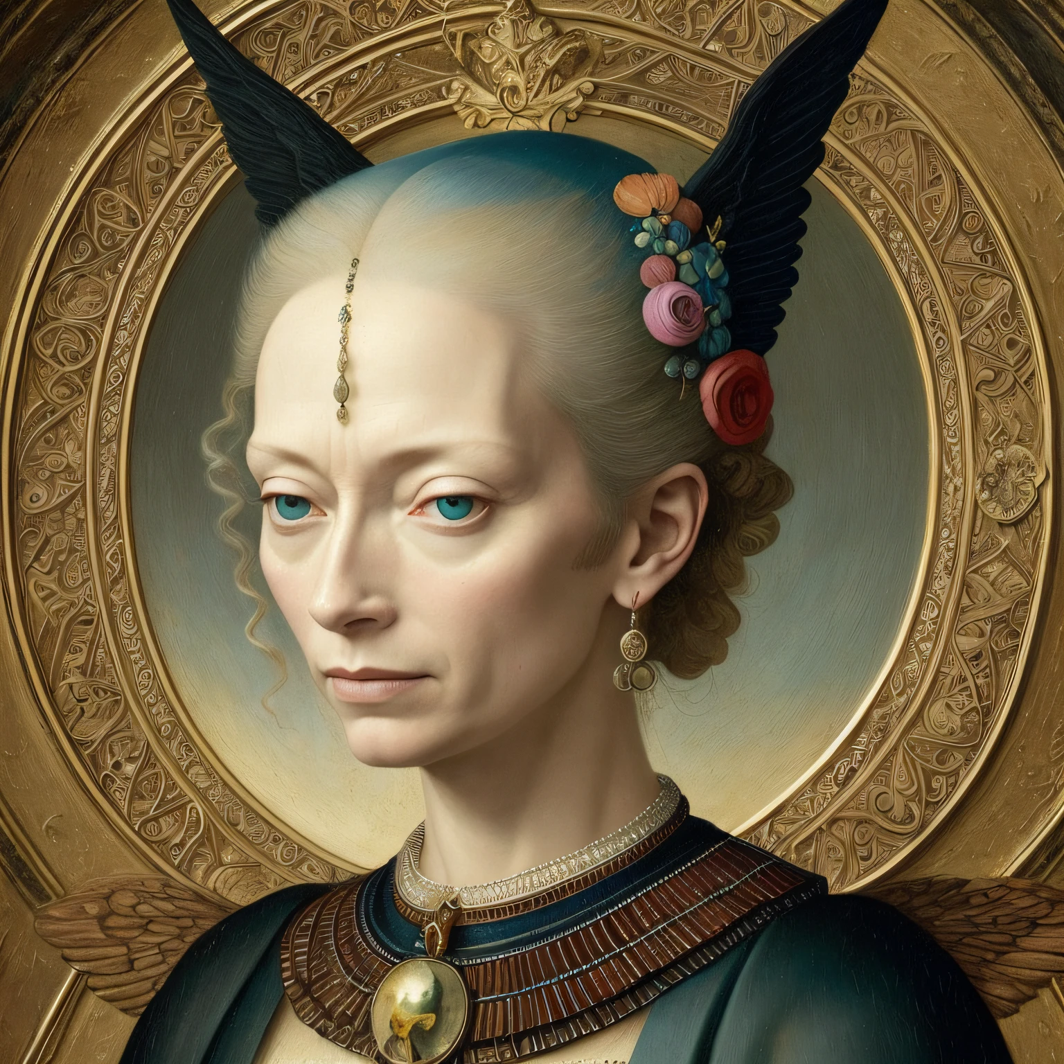 Tilda Swinton IS A BLACK ANGEL art by Hieronymus Bosch, futuristic, sci-fi movie:: A detailed, elegant, intricate and colorful portrait in mixed media :: A masterpiece of surreal art, a vibrant painting --auto --s2