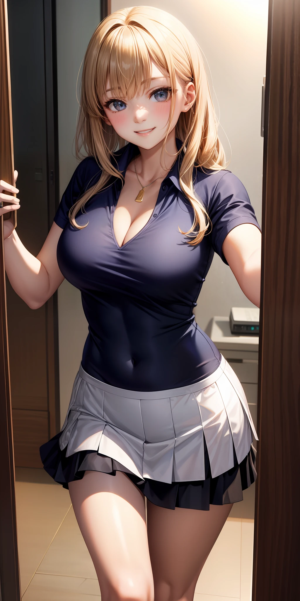 realisticlying、babes、selfee、Polo shirt、Wearing a ruffled miniskirt、Breasts slightly larger、Emphasis on transparent cleavage in clothes、Smile、A sexy