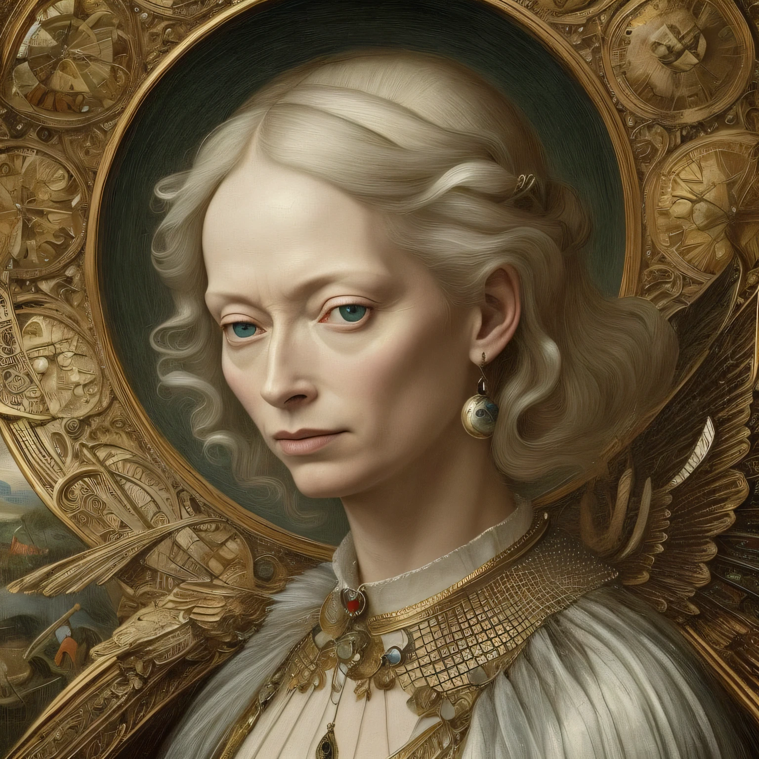 Tilda Swinton IS A BLACK ANGEL art by Hieronymus Bosch, futuristic, sci-fi movie:: A detailed, elegant, intricate and colorful portrait in mixed media :: A masterpiece of surreal art, a vibrant painting --auto --s2