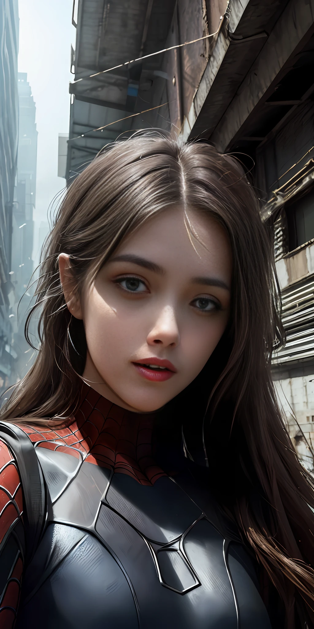 (1girl:1.3), solo, (((extremely detailed face))),(((extremely detailed eyes and face))),beautiful detailed eyes,body-parts__, official art, unified 8k wallpaper, super detailed, beautiful and aesthetic, beautiful, masterpiece, best quality, raw, masterpiece, super fine photo, best quality, super high resolution, photorealistic realism, sunlight, full body portrait, amazing beauty,, dynamic pose, delicate face, vibrant eyes, (from the front), she is wearing a Spider-man suit, red and black color scheme, spider, very detailed abandoned warehouse background, Detailed face, detailed complex busy background, messy, gorgeous, milky white, highly detailed skin, realistic skin details, visible pores, sharp focus, volumetric fog, 8k uhd, DSLR, high quality, film grain, fair skin, photo realism, lomography, huge metropolis in future dystopia, seen from below, translucent
