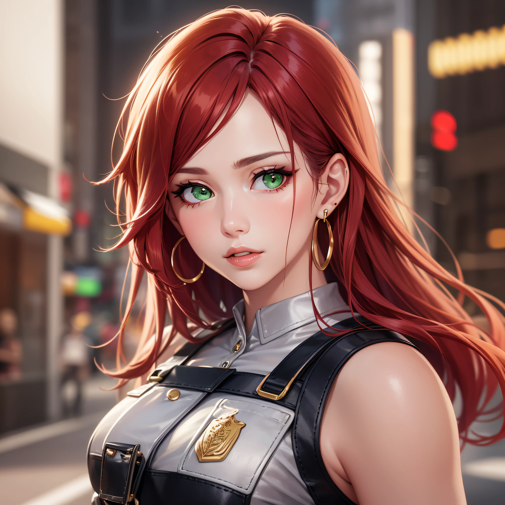 Woman red tones, ruby accessories, white skin, green eyes, gold earrings, focus on face, red hair, high quality image, 8k, office background, police suit