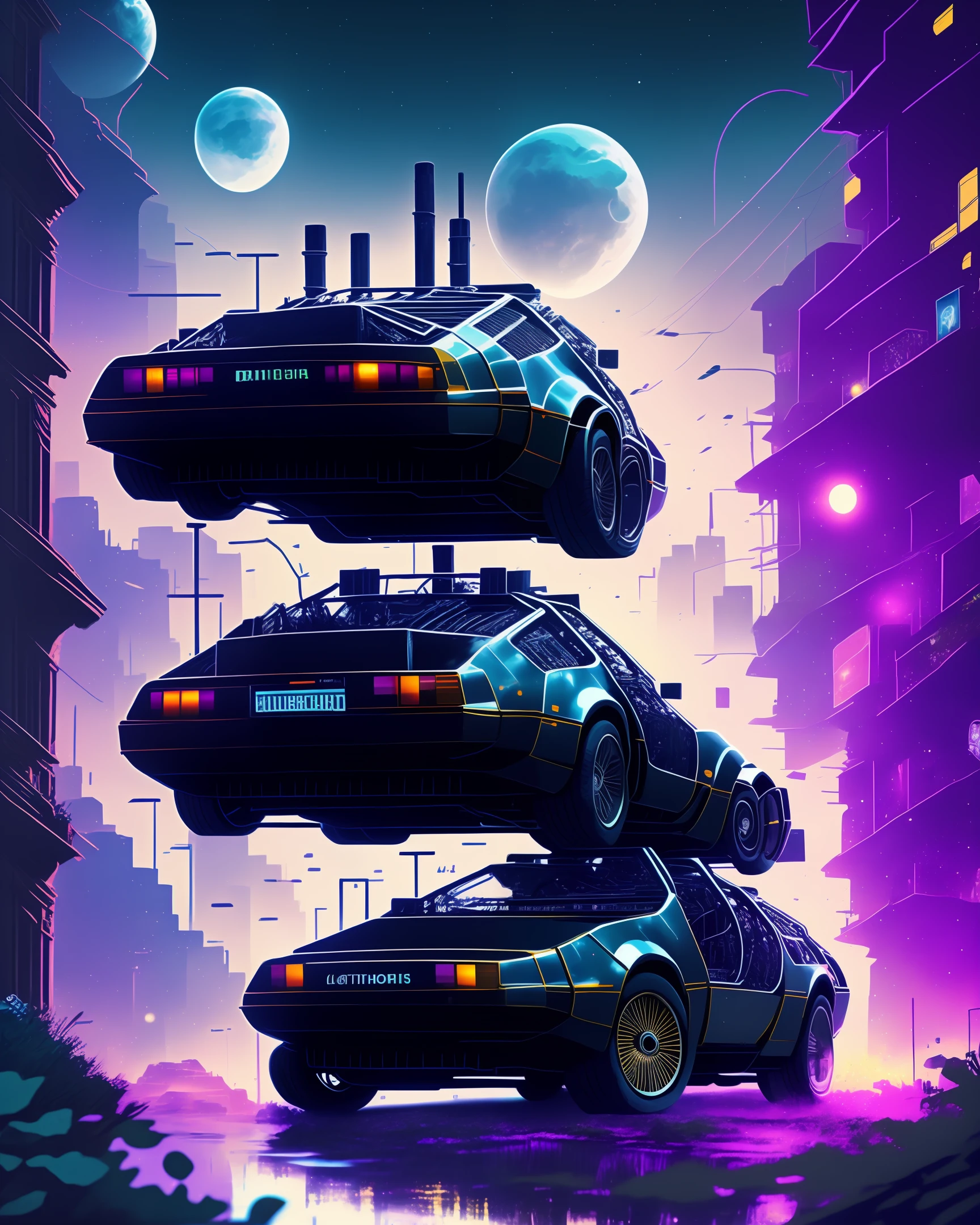 Delorean Speeding through the town of the near future nights steams
