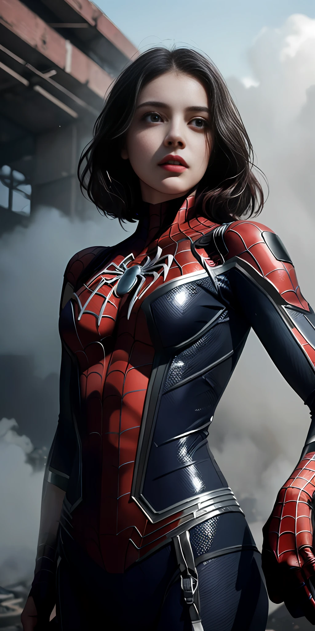 (1girl:1.3), solo, (((extremely detailed face))),(((extremely detailed eyes and face))),beautiful detailed eyes,body-parts__, official art, unified 8k wallpaper, super detailed, beautiful and aesthetic, beautiful, masterpiece, best quality, raw, masterpiece, super fine photo, best quality, super high resolution, photorealistic realism, sunlight, full body portrait, amazing beauty,, dynamic pose, delicate face, vibrant eyes, (from the front), she is wearing a Spider-man suit, red and black color scheme, spider, very detailed abandoned warehouse background, Detailed face, detailed complex busy background, messy, gorgeous, milky white, highly detailed skin, realistic skin details, visible pores, sharp focus, volumetric fog, 8k uhd, DSLR, high quality, film grain, fair skin, photo realism, lomography, huge metropolis in future dystopia, seen from below, translucent