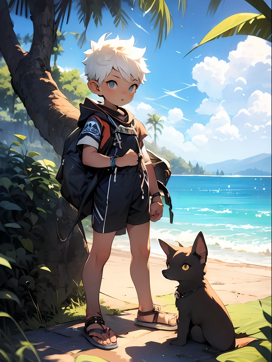 anime - style image of a young boy standing on a rock in front of the ocean, concept art by Shitao, Pisif, trending on artstation pixiv, Guviz-style artwork, lalafell, Guviz, Guweiz on ArtStation Pixiv, young male anthro dragon,White scales,White hair,Close-up photos,(Slightly fat)