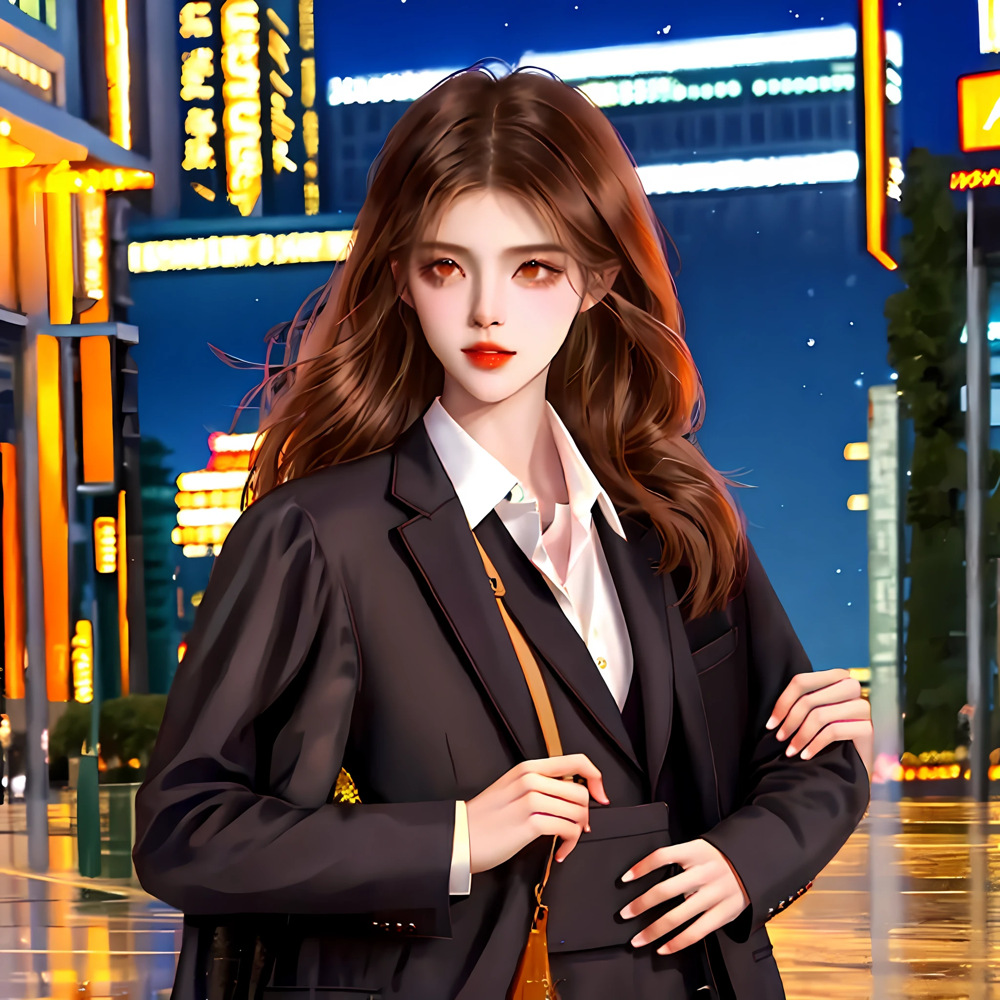 Girl with pants street at night accompanied with boy with suit