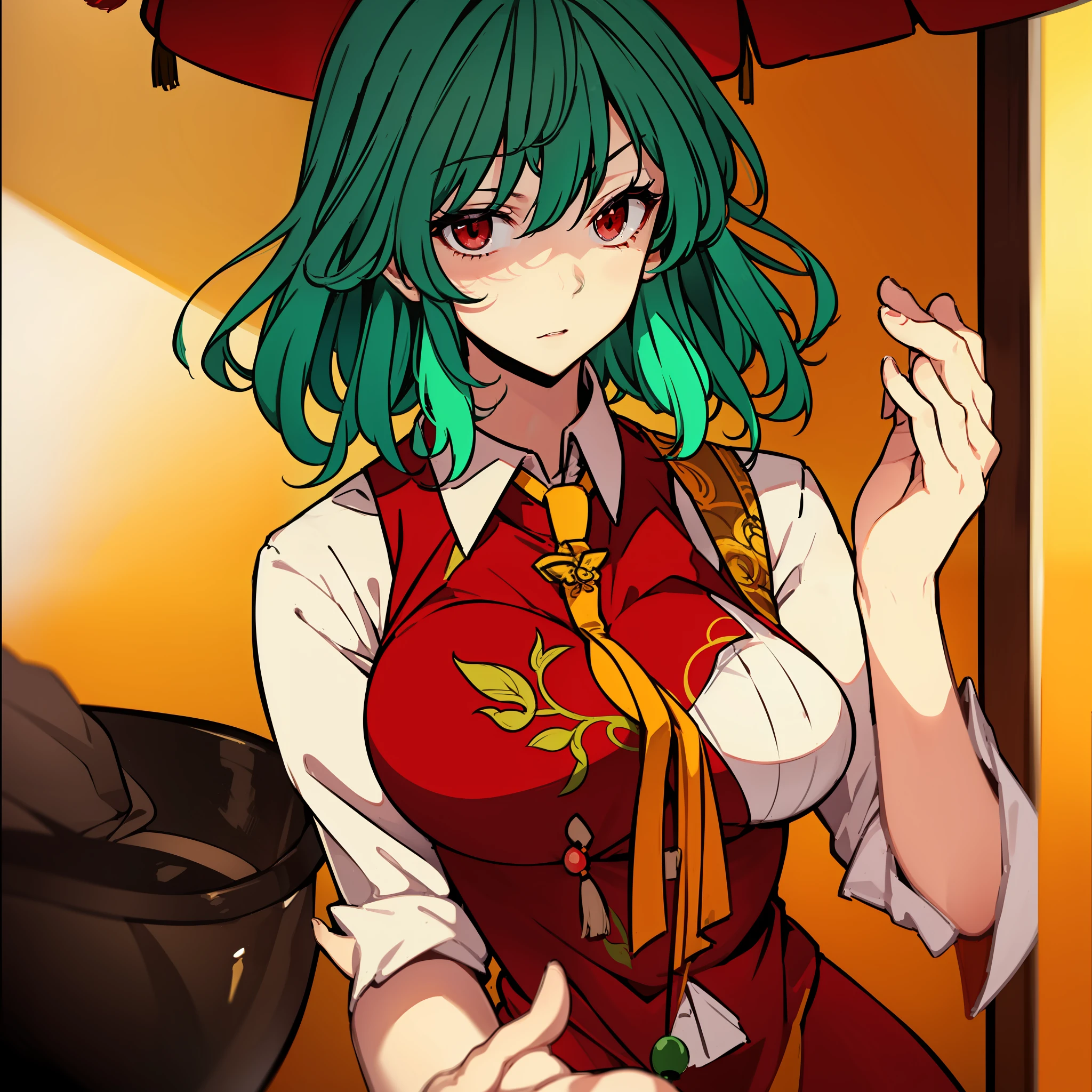 masutepiece, Fine detail, 4K, 8K, 12K, Solo, One person, Beautiful girl, caucasian female, Yuka Kazami of the Touhou Project、red eyes、Green hair、big chest out、(shorth hair)、chinese clothes, Chinese dress, Chinatown