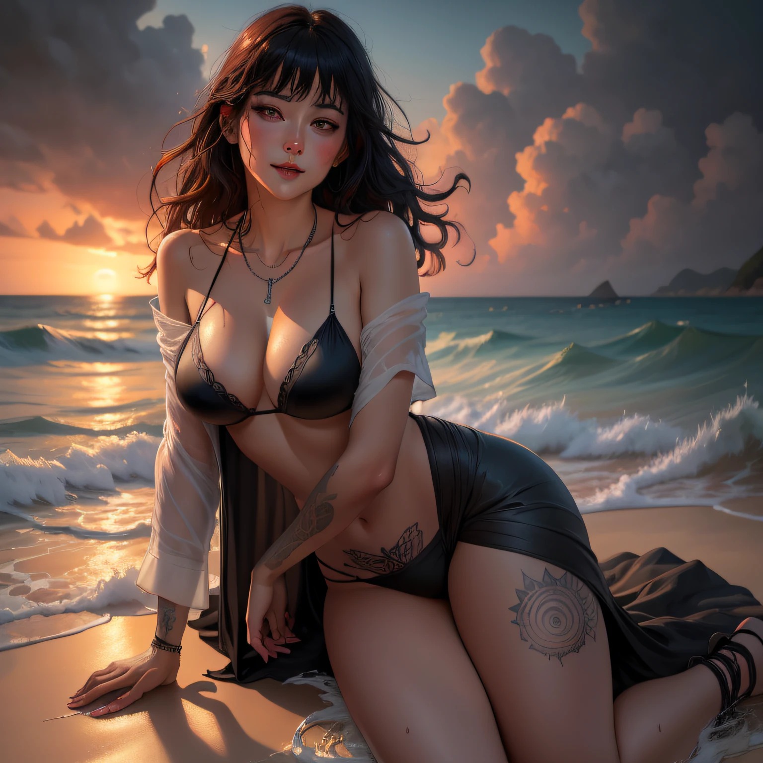 (masterpiece:1.2, best quality), (1lady, solo, full body), Clothing: white flowy maxi dress, wide-brimmed hat, strappy sandals, Accessories: shell necklace, Hair: loose beach waves, Makeup: natural, glowing skin, Behavior: relaxed, carefree, free-spirited, Location: beach, resort, outdoor festival, red eyes, huge ,full body, Jean-Baptiste Mongyle, close-up, lovely woman lying on beach water, splashes, magical lights, WLOP, Artgerm and James Jean, by Pascal Blanche Rutkowski, Repin Artstation, Art of Aquirax, 8k, epic, focus sharp , hyper realistic painting, detailed character design concept art, matte painting, beautiful full body caucasian girl closeup, oil painting, stormy sunset reddish sky, abstract rough waves, concept art, skin wet with water, water drops, bubbles and wavy foam, digital art, glowing, cinematic, big glowing perfect eyes, filigree, surreal, fantasy, woman lying on sea water, volumetric lighting", "Best Quality", "Masterpiece, girl art Sakimichan style, slight smile, pubic hair view, 1 sexy girn see-through beachwear, bare breasts, opthrough T-shirt, mandala and flower tattoos, best quality, long curly black hair, long cascading hair, hair long curly, transparent bikini, black bikini, beautiful girl in short bikini revealing beautiful pubic,