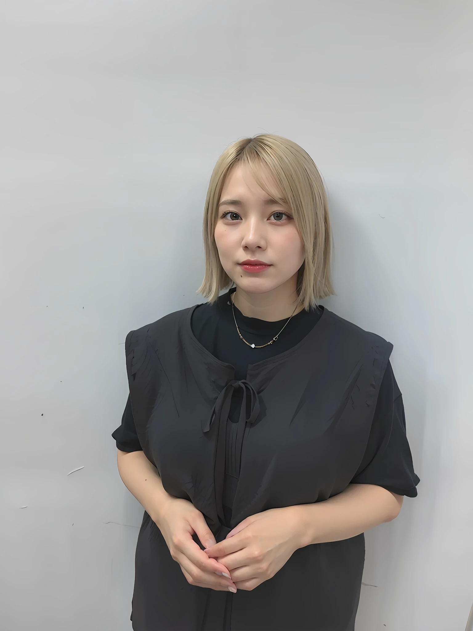 best quality, ultra high res, (photorealistic:1.4), 1girl, off-shoulder white shirt, black tight skirt, black choker, (faded ash gray hair:1), (huge breasts:1.2), looking at viewer, closeup ,
