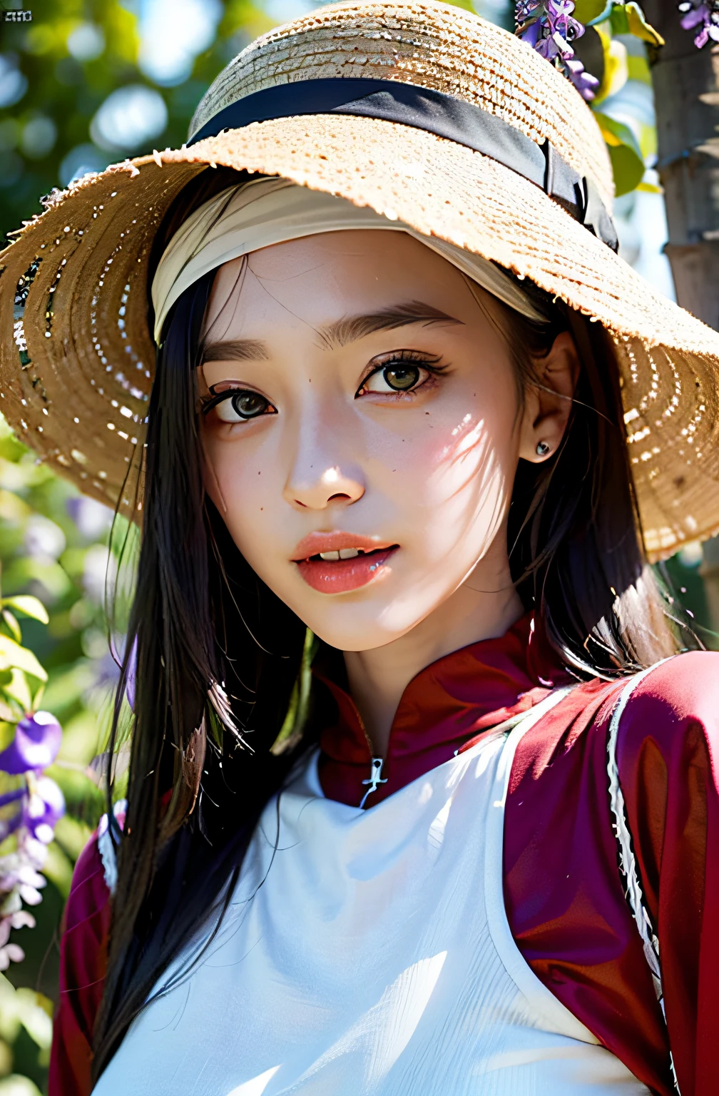 best quailty、a masterpiece of、photoRealstic、intricate-detail、Raw foto、Photon Rendering、Octane Rendering、absurderes、ultra detali、detailed face with、Detailed skin、trend on artstation、in 8K、a masterpiece of、lighting like a movie、( (1girl in))、((独奏) ))、((Behold))、CG Social Trends、Plastic En、((Black Long Hair))、((a beautiful lady))、(A smile)、(White Skin Skin)、Fashionable、(A sexy)、hair flowing in wind、((Flowing hair))、Happy、fashion magazine、((lighting like a movie))、Innocent eyes、blusher、Open lips、Upper teeth、(Smiling eyes:0.6)、 ((grinning:1.2))、depth of fields,、((Wisteria flowers))、a straw fedora hat、