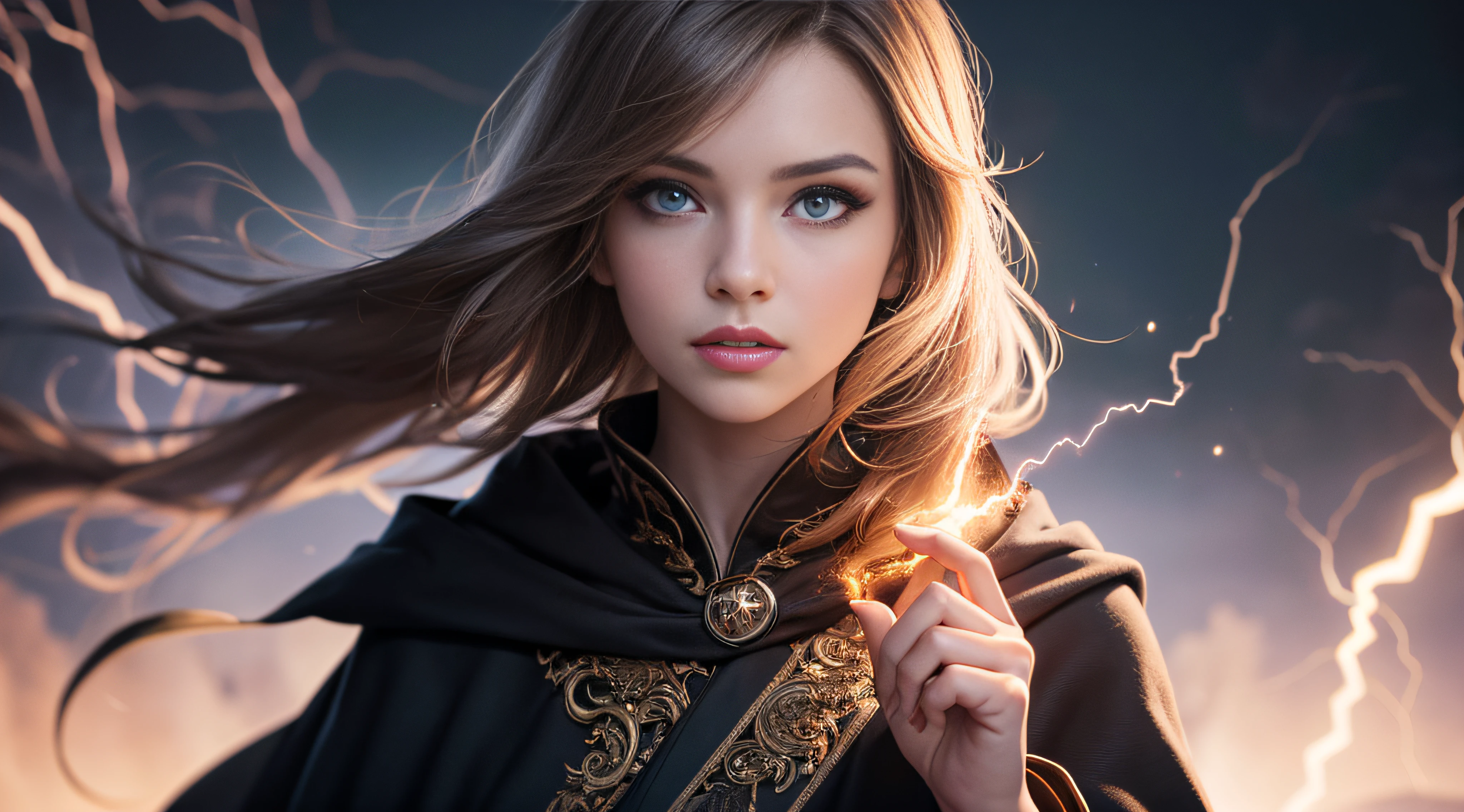 (skindentation:1.5), Realistic, Photorealistic, (masterpiece:1.5), concept art, intricate details, highly detailed, photorealistic, octane render, 8k, unreal engine, dynamic pose, best quality, highres, (realistic face:1.1), (hyperrealistic:1.1), ((full_body)), perfect eyes,(shiny skin:1.2), (((hairstyle))), (((perfect hands))), (extremely detailed background), ((dynamic background)), ((lightning)), (light rays), ((1girl)), wearing cloak, (((flowing cloak))), ((detailed eyes, high quality eyes, high quality face)), (extremely intricate robes, magical robes), short hair, casting lightning, electricity, swirling fire, radiating power, sparks, smoke, magic, ((dramatic)), epic, battlefield, depth of field, bokeh, 4k, gothic, ember, particles
