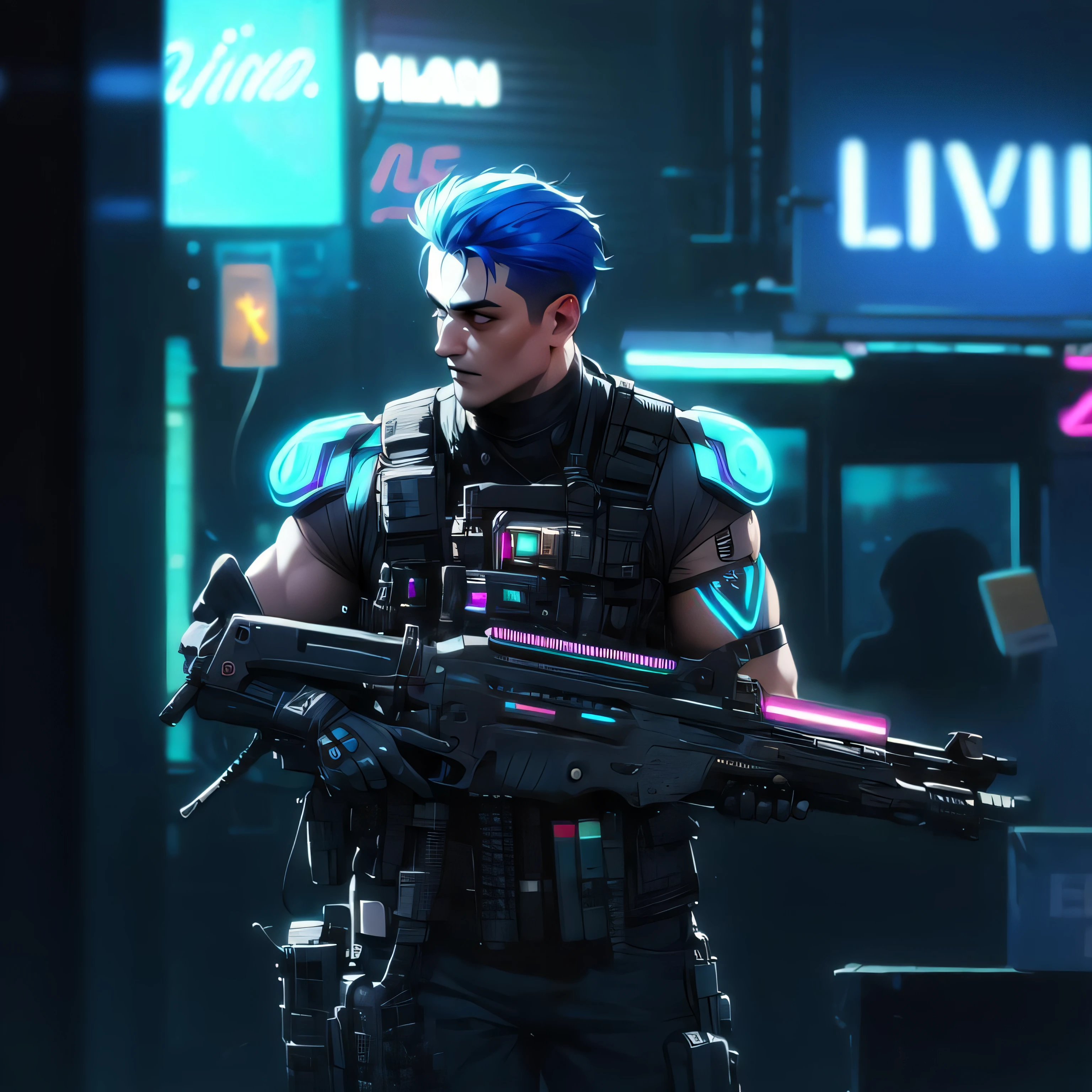 (best quality, masterpiece:1.3), thick outlines, face highlight, detailed face, detailed skin, 1boy, tactical gear, tactical, bulletproof vest, assault rifle, gun, holding weapon, action shot, toned,  blue hair, piercing, nose piercing, cyberpunk, punk, black lipstick, city, (neon light:1.7), sleeveless, mechanical arm, prosthetic arm, single mechanical arm, cyborg, night