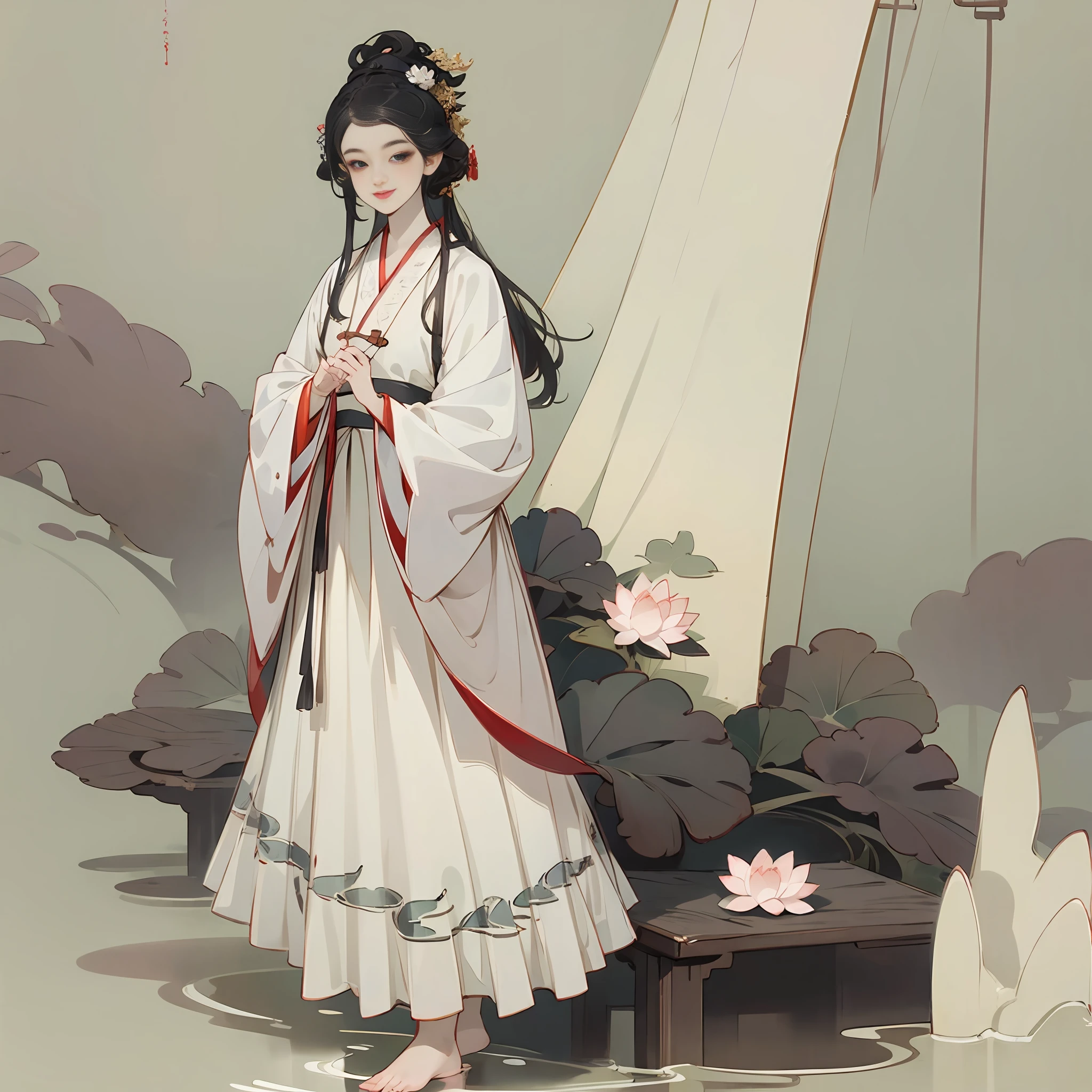 ((4k,masterpiece,best quality)), shuimobysim, traditional chinese ink painting, lotus, hanfu, maxiskit, dress conservatively 1girl, solo, long blue hair, smile, standing, feet in the water, barefoot, --auto