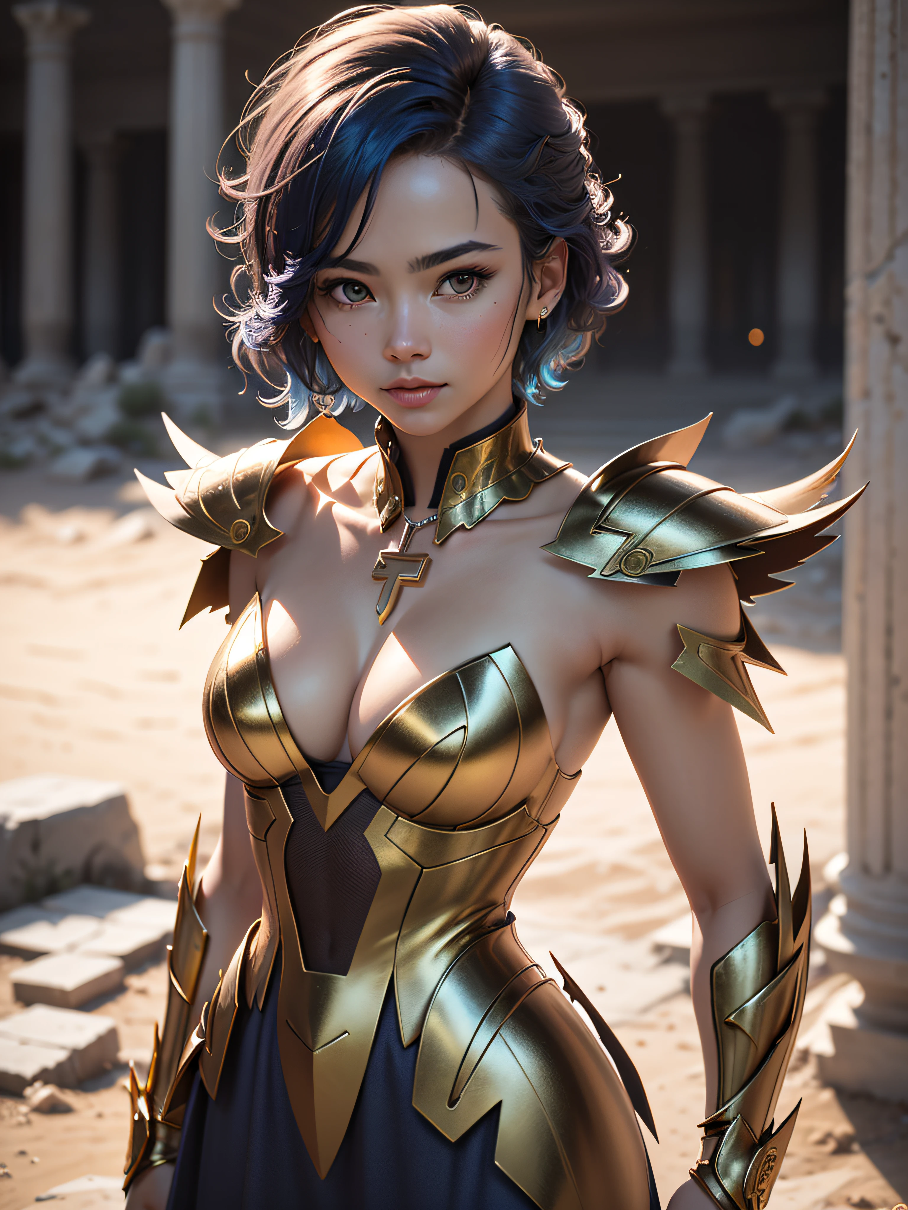 RAW picture dynamic pose of defmas4, (realistic, photo-realistic:1.37),(8k, RAW photo, best quality, masterpiece:1.2),best quality,photo,Nikon camera,35mm lens,blue hair,brown eyes :1.1),1girl,((jiangshuying)),smile,hair bangs,short hair,(cleavage:1.2),cancerarmor, greek ruins background,looking at viewer,(depth of field, blurry background, bokeh:1.3),armor,golden shinning armor,reflection armor,helmet,(extremely bright backlight:1),(The Greek Temple In the desert),ultra wide angle,dynamic angle,ultra-detailed,physically-based rendering,ultra high res,front lighting,looking at viewer,solo,best quality,extremely detailed face,extremely detailed eyes and face,beautiful detailed eyes,incredibly absurdness,