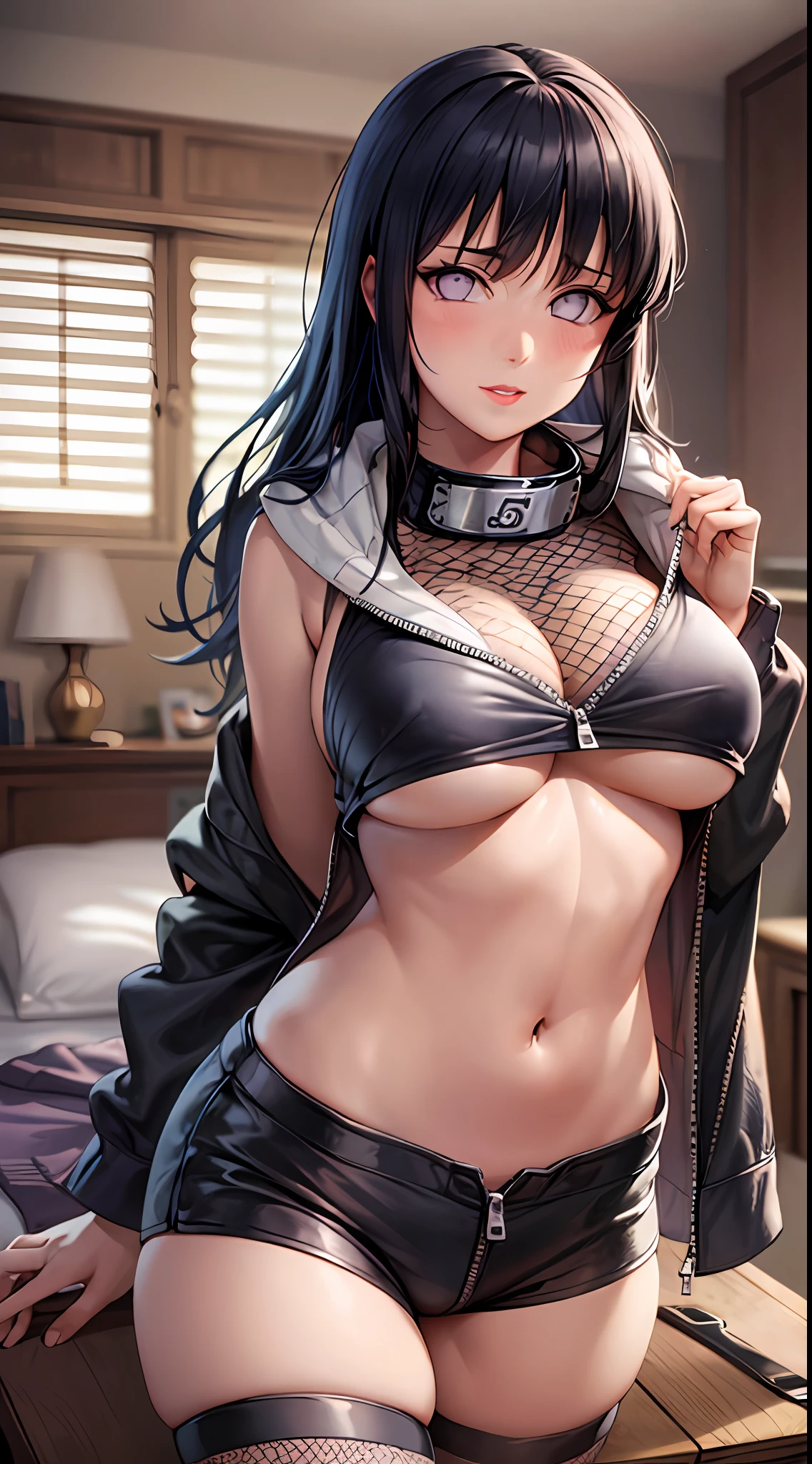 Masterpiece, highres, high Quality, detailed face, detailed body render, 1girl, solo, hyuuga hinata, hinata-sleeveless-outfit, large breasts, big breast, sleeveless shirt, fishnet top, dark lips, unzipped jacket, no bra, breasts out, nipple, standing, blushes, (on bedroom)