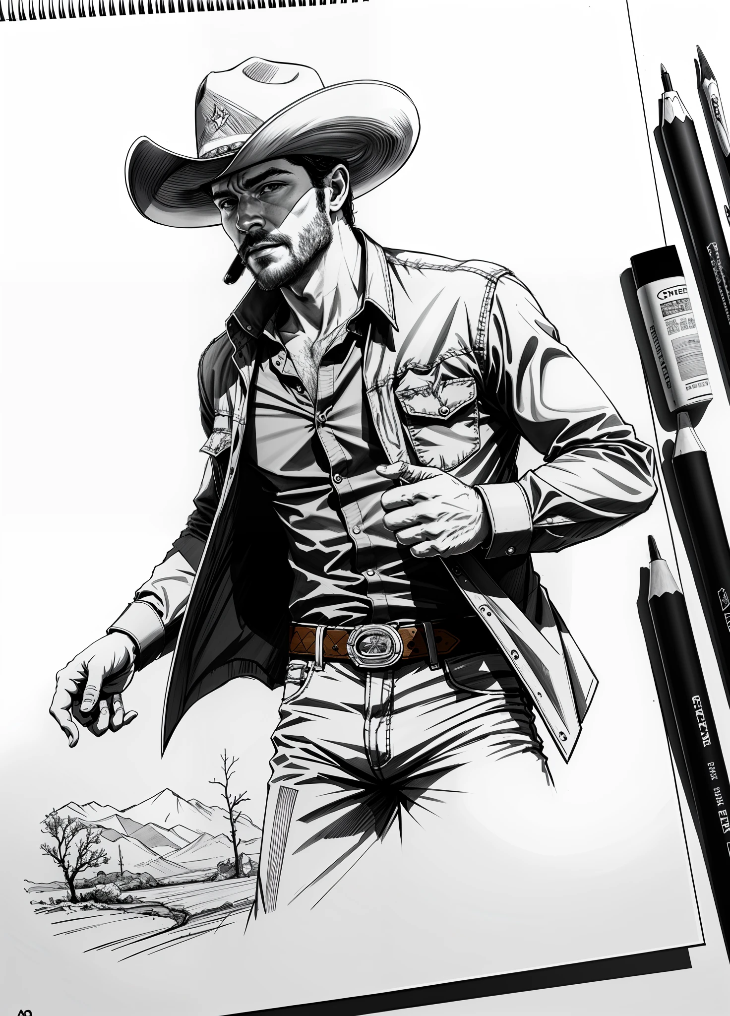 Desenho de um cowboy, pistola no coldre, estilo western, paisagem, sketch artstyle, escala de cinza, monocromatic