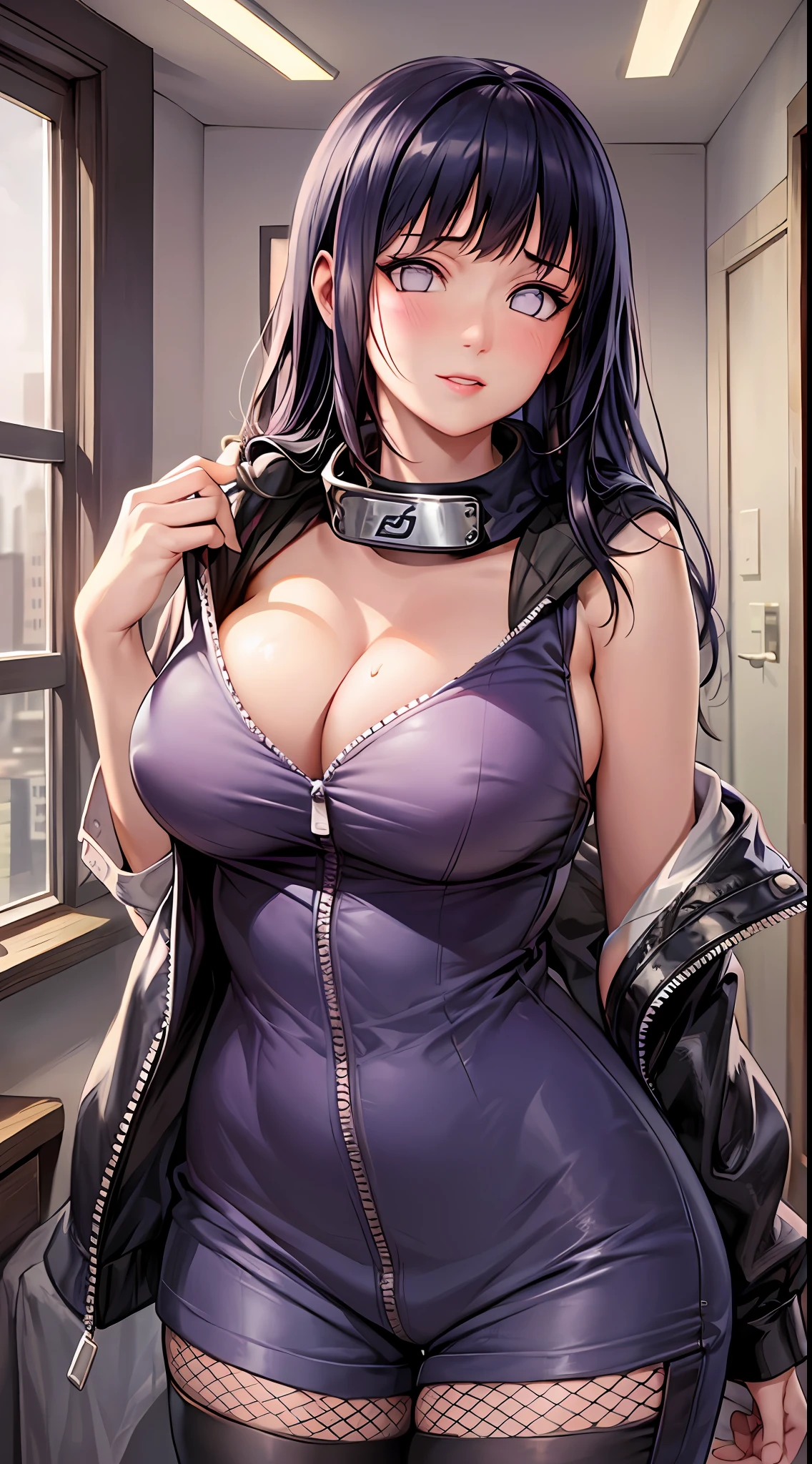 Masterpiece, highres, high Quality, detailed face, detailed body render, 1girl, solo, hyuuga hinata, hinata-sleeveless-outfit, large breasts, big breast, sleeveless shirt, fishnet top, dark lips, unzipped jacket, no bra, breasts out, nipple, standing, blushes, (on bedroom)