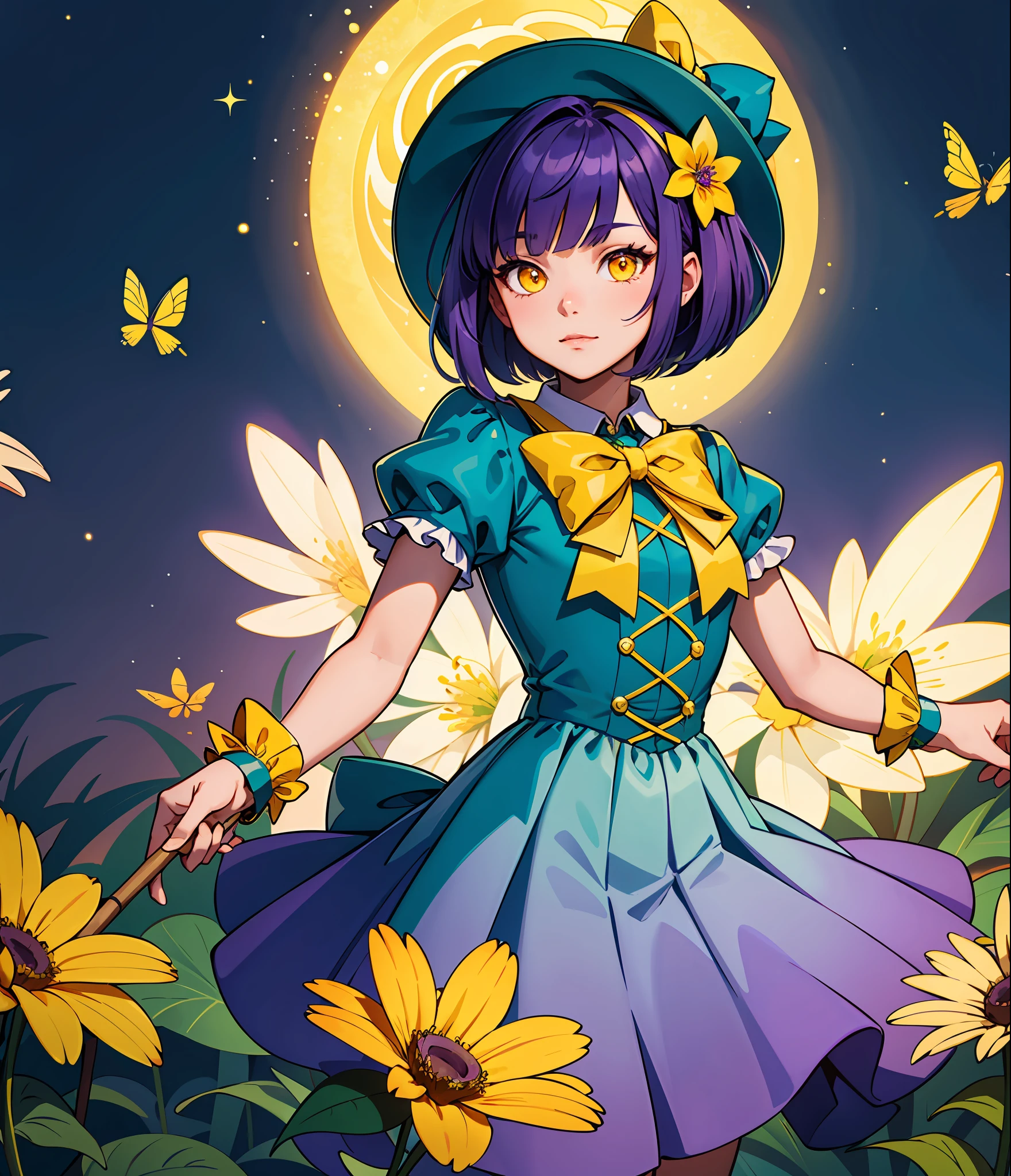 Flower Magical Transformation Girl, various shades of purple flower costume, yellow bow, violet flower hat, yellow staff with green and white swirled leaves, deep blue bob hairstyle, glowing yellow eyes, masterpiece, best quality