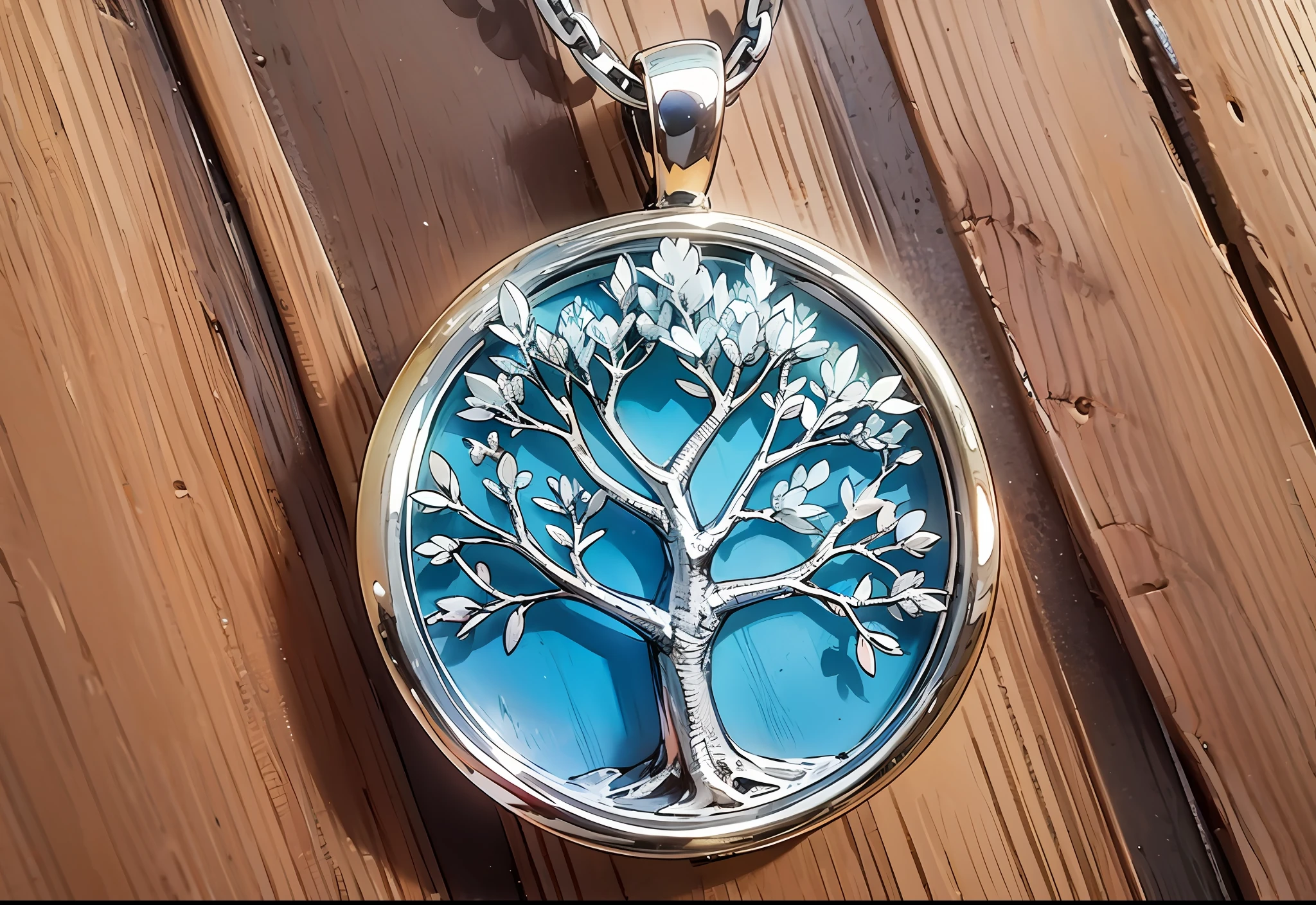 image of a pendant on a wooden table, solo, (shape of a tree:1.4), 5cm big, intricate design, silver lining with blue details, attached silver chain