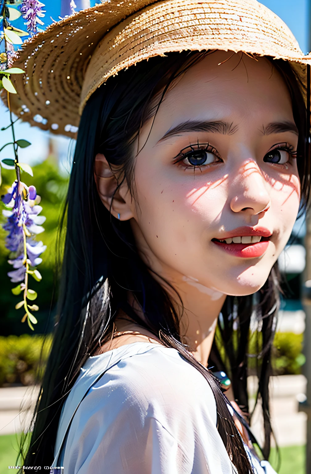 best quailty、a masterpiece of、photoRealstic、intricate-detail、Raw foto、Photon Rendering、Octane Rendering、absurderes、ultra detali、detailed face with、Detailed skin、trend on artstation、in 8K、a masterpiece of、lighting like a movie、( (1girl in))、((独奏) ))、((Behold))、CG Social Trends、Plastic En、((Black Long Hair))、((a beautiful lady))、(A smile)、(White Skin Skin)、Fashionable、(A sexy)、hair flowing in wind、((Flowing hair))、Happy、fashion magazine、((lighting like a movie))、Innocent eyes、blusher、Open lips、Upper teeth、(Smiling eyes:0.6)、 ((grinning:1.2))、depth of fields,、((Wisteria flowers))、a straw fedora hat、