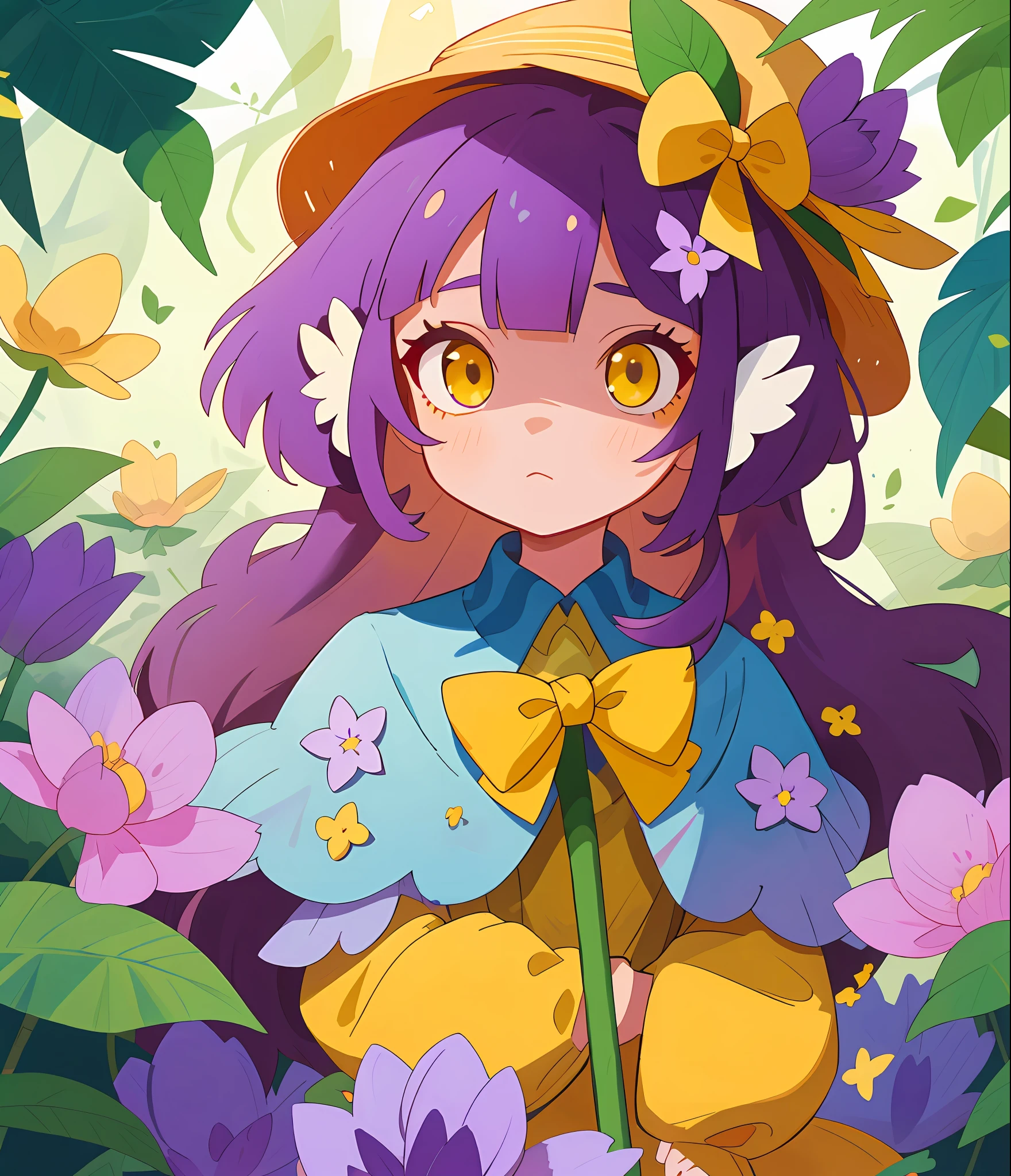 Flower Magical Transformation Girl, various shades of purple flower costume, yellow bow, violet flower hat, yellow staff with green and white swirled leaves, deep blue bob hairstyle, glowing yellow eyes, masterpiece, best quality