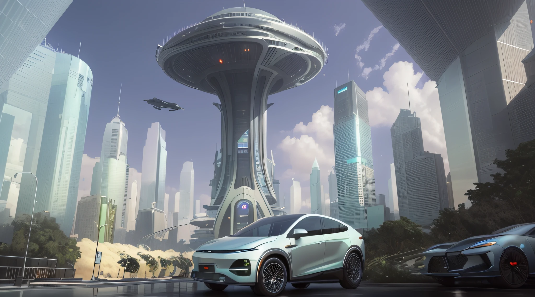 there is a car that is parked in front of a futuristic city, in front of a sci fi cityscape, futuristic product car shot, arstation and beeple highly, in a futuristic city, skyscrapers and flying cars, in fantasy sci - fi city, 3 d render and matte painting, Inspired by Beeple, depicted as a scifi scene --auto