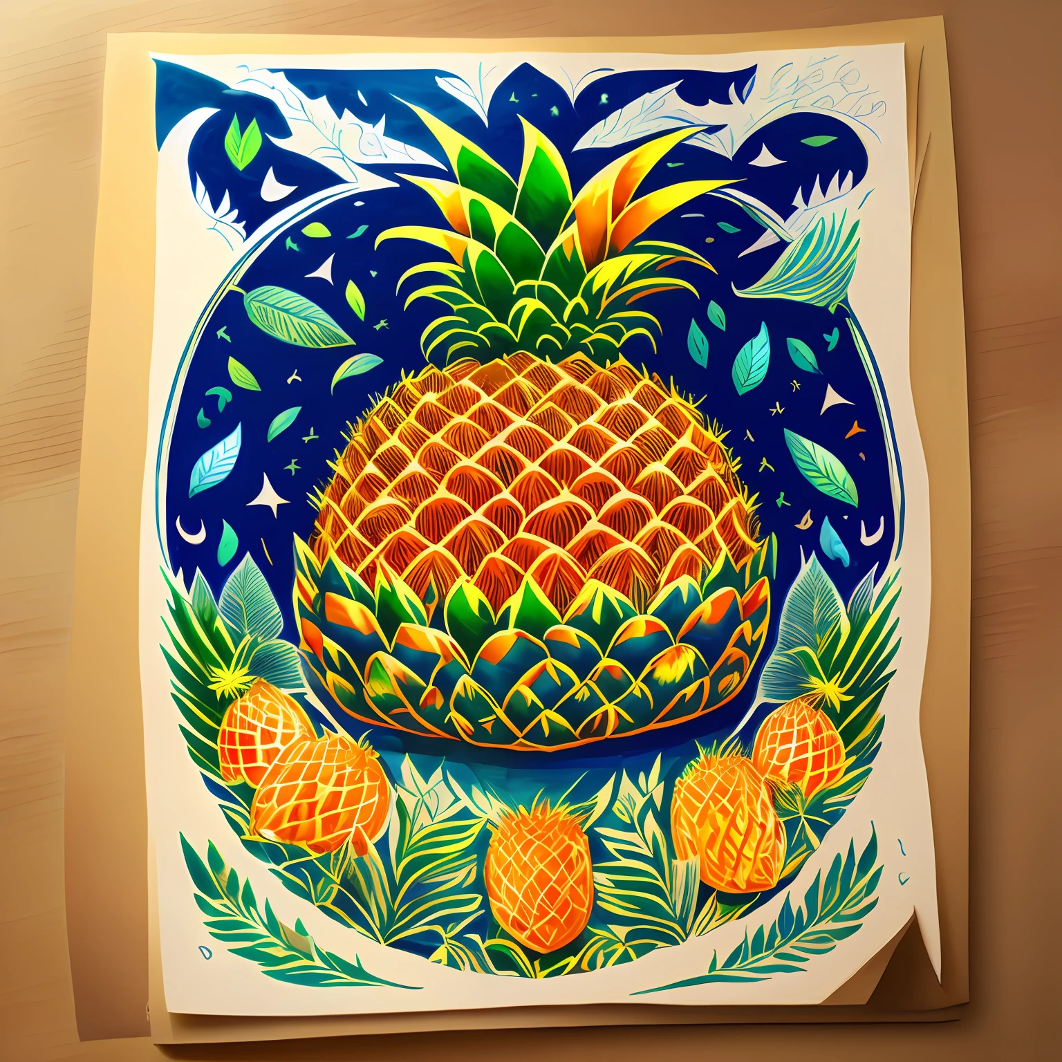 pineapples（The leaves are orange，Yellow-red，green colors，em cor azul escuro），Pineapple leaves（flowy），naturey，rich colour，Hand drawing illustration，16k，super detailing，High Details，ccurate --aut --auto