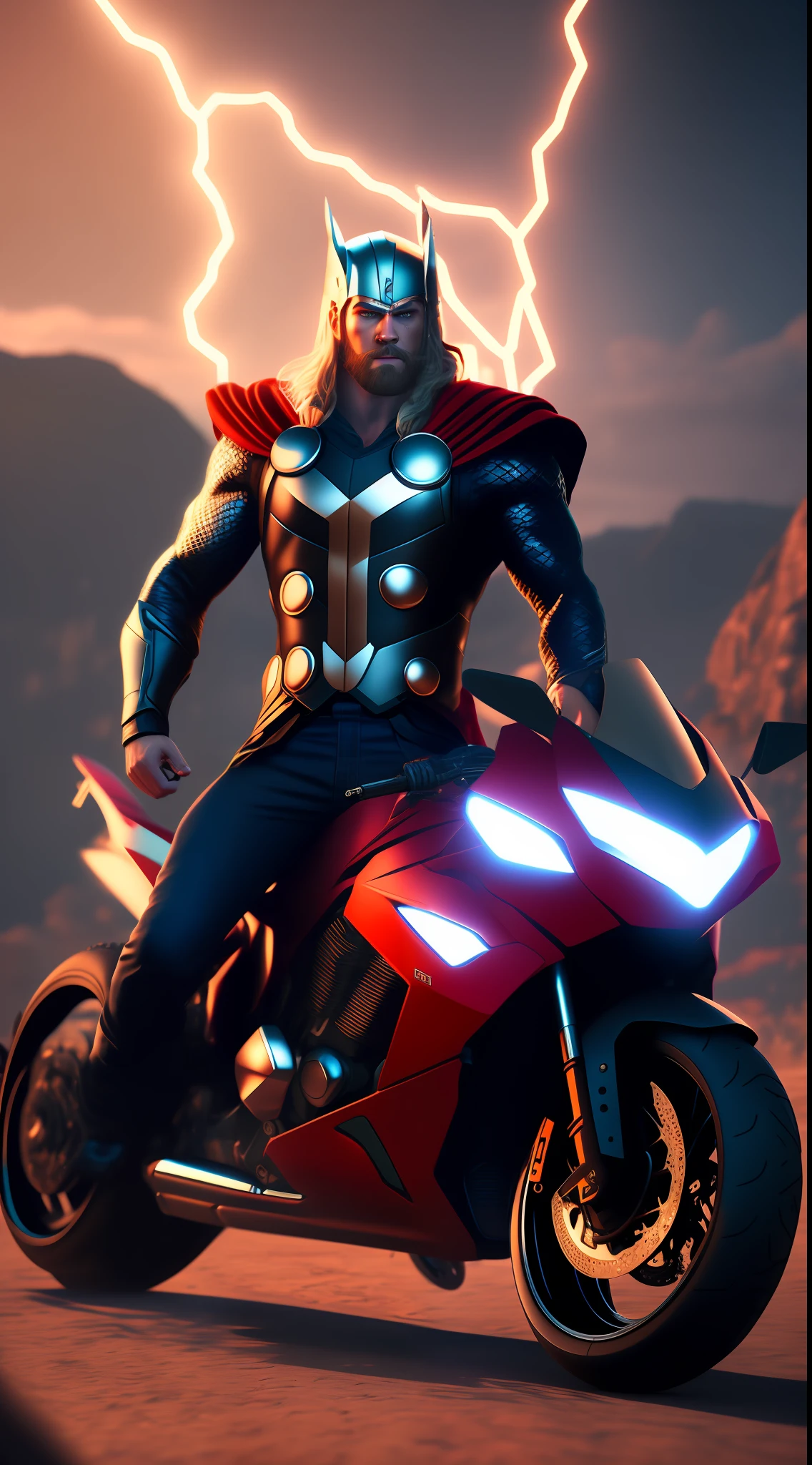 thor with motorcycle. Professional photograph of a stunning man detailed, cinematic lightning, octane render, unreal engine, volumetrics dtx --auto