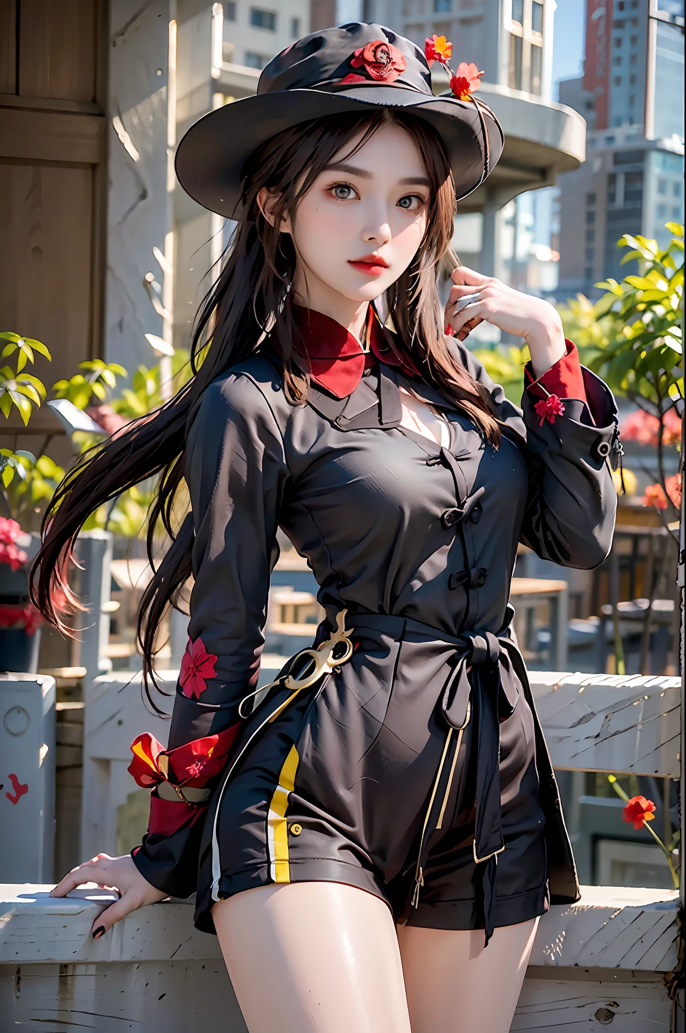 photorealistic, high resolution, 1 girl, hips up, long brown hair tied in a pair of pigtails that fades into red at the tips and a black hat adorned by a yellow emblem along with red blossoms and blue ribbons tied to said flowers at the side of the hat. Her eyes are red with pale gold pupils resembling stars. She wears a red shirt with a mandarin collar. Worn over said shirt is a black coat that bears a darker collar than her shirt and sleeve cuffs, hu tao \(genshin impact\