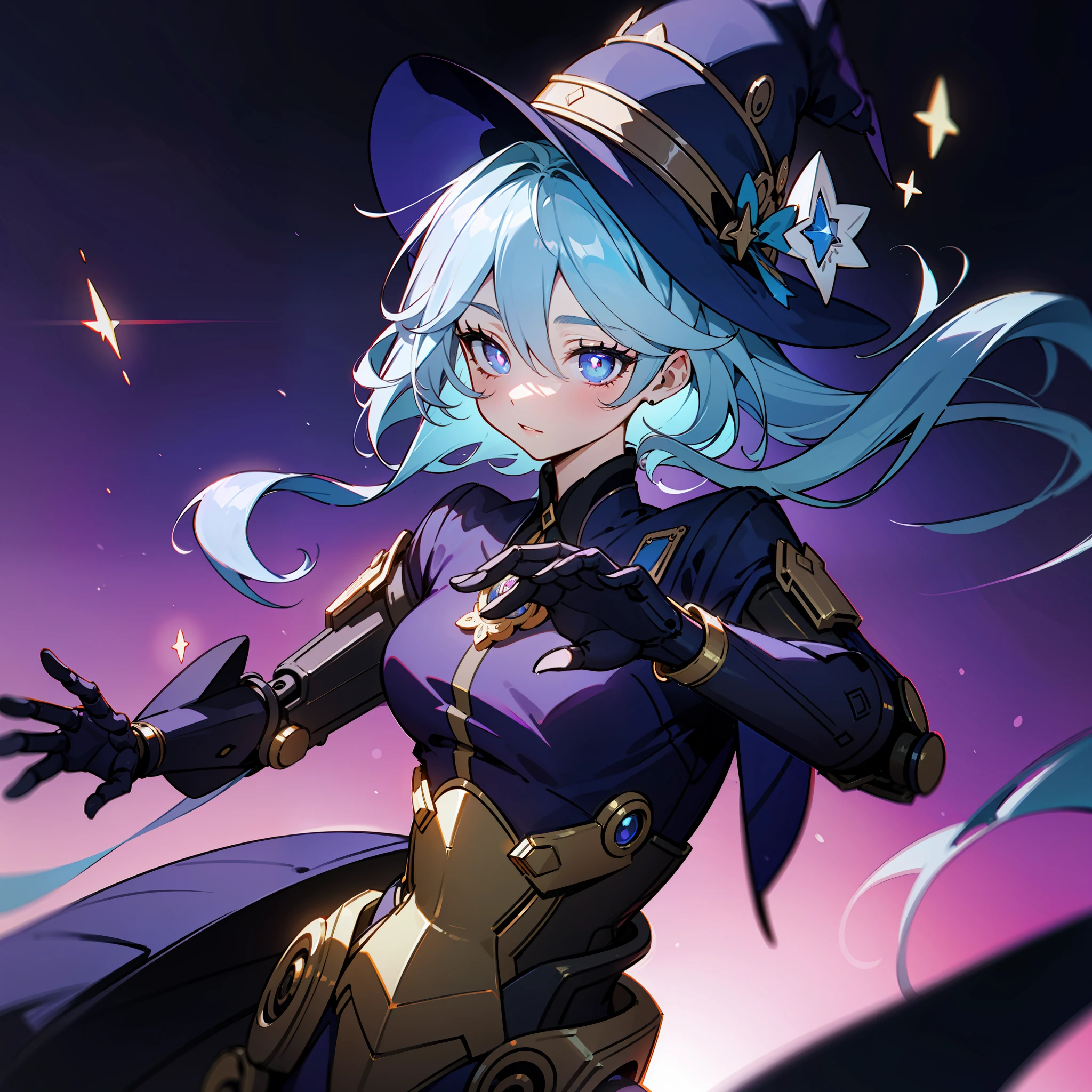 (((masterpiece))), best quality, ultra-detailed, chibi-style Android witch with star-shaped pupils, fantasy-themed steampunk vibes, purple color palette, floating, dynamic angle, dynamic pose, magic robot, robotic girl, dramatic lighting, blue and purple shadows, wide shot, masterpiece, uhd, robotic hands, metal skin expose, fantasy background