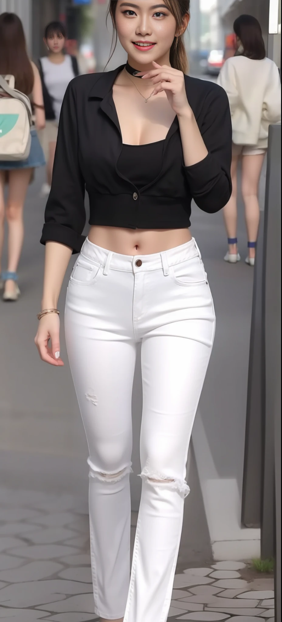 Girl in white jeans walking down the street, Petite and skinny, Slim waist and hips,Petite and slim,(White skinny jeans, White pants), Ultra HD photos, wearing jeans, her navel is exposed, Thin waist, Tight Fit Clothing, White jeans, Black sheer T-shirt, big breasts thin waist,Shop on a summer afternoon and cross the overpass,taking a full body photo,((Best Quority, 8K, a masterpiece of:1.3)), focal point:1.2, Skinny beauty:1.4, Cocked buttocks:1.2, ((Fluffy and flowing high ponytail student hair:1.2, Beautiful breasts:1.2)), (wetclothes:1.1) , (Black crop top with skinny see-through:1.1),( White high-end brand jeans(Super realistic detailed jeans,Realistic detailed jeans texture and graininess:0.8)),(no mask on,with a choker,耳Nipple Ring),Highly detailed facial and skin texture, detailed eye, 双眼皮,Swollen eyes,Little goose egg face:1.0,Whitens glowing skin,Gloss on lips:1.2,Super detailed face,(Baring teeth,Baring tongue:0.8),ssmile:1.0