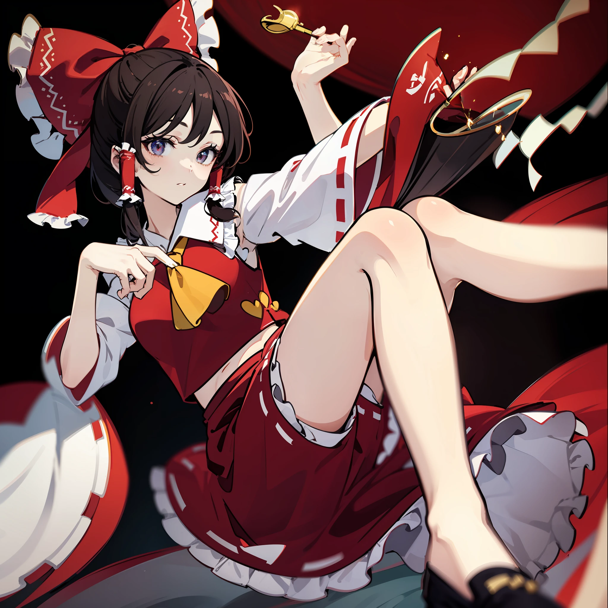 Woman with legs spread on bed, Front Angle, Cowboy Shot, masutepiece, Fine detail, 4K, 8K, 12K, Solo, One person, Beautiful girl, caucasian female, Touhou Project Reimu Hakurei, alternate costume, red Cheongsam, cheongsam, Chinatown, pants visible