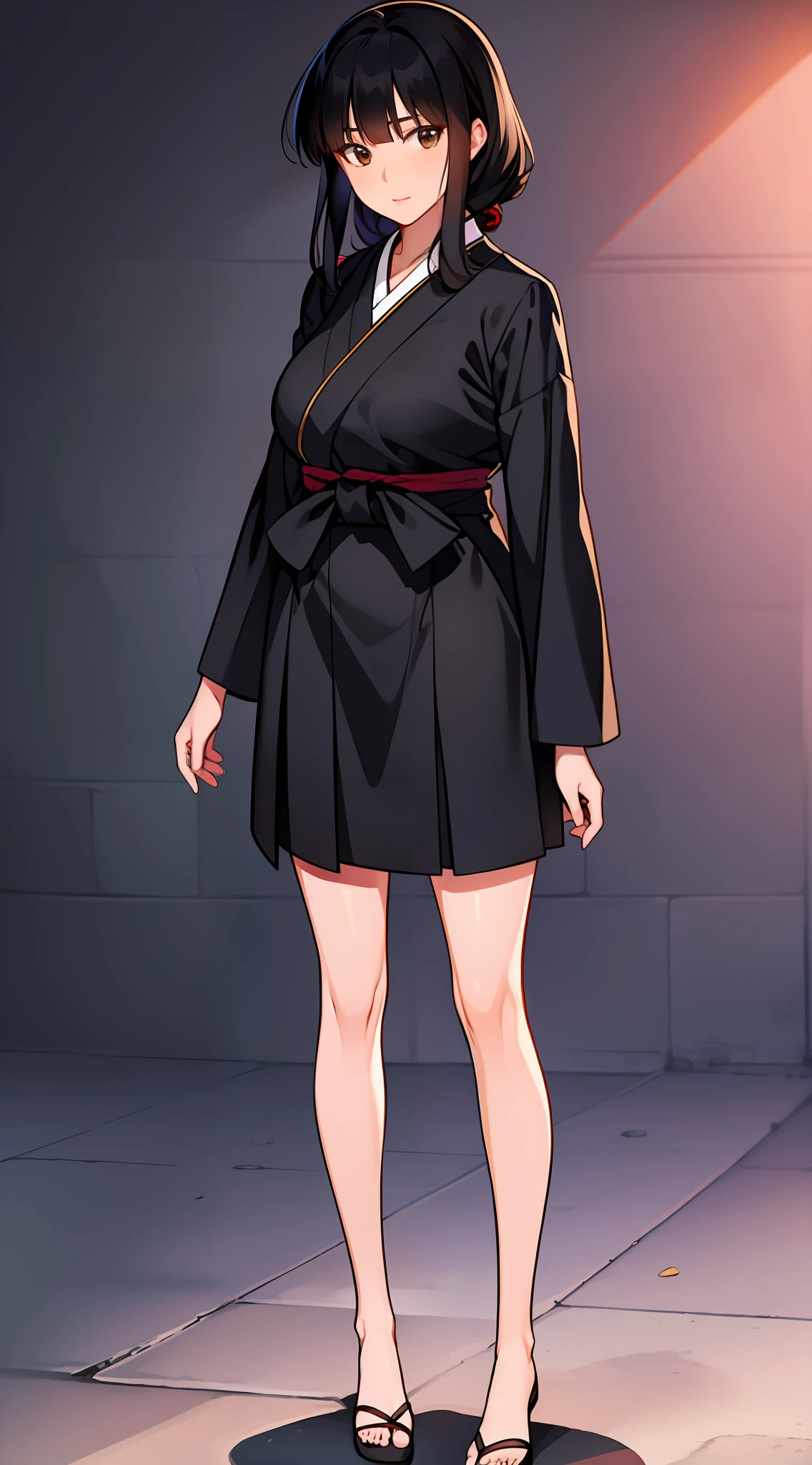 Kikyo, a woman with,Black hairstyle,Perfect figure,Brown eyes, mediuml breasts,black kimono,black short skirt,are standing,realisticlying, (Hyper-realistic:1.2), perfect eyes, Perfect face, A half body,frontal photos,