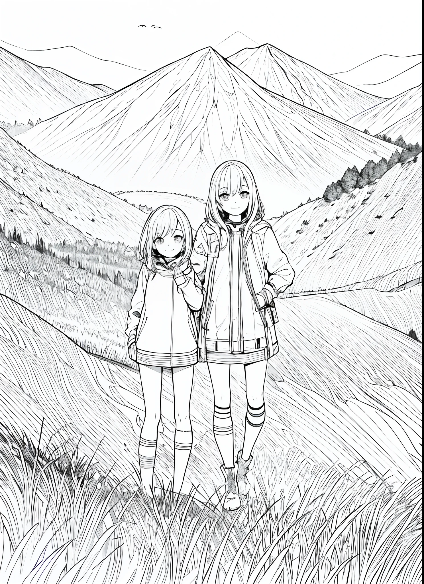 masterpiece, best quality, 1girl, solo, light smile, mountain, lake, meadow, panorama, jacket, kneehighs, boots, lineart, monochrome,