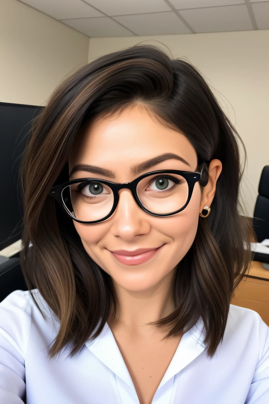 obra-prima, melhor qualidade, trabalho de rending 3d, estilo 3DMM, parte superior do corpo, retrato, 3D, solo, cabelo castanho, curto, ondulado, ((cabelo curto)) ((acima do ombro)), ondulado, Eyeglasses, round glasses, ((Eyeglasses)) morena, pele bronzeada, blusa de gola alta, olhando para a camera, realista, parte superior do corpo, fundo simples, cabelo curto, separated-lips, separated-lips, olhos pretos,, wearing formal white, office attire, formal office attire, uma secretaria de escritorio