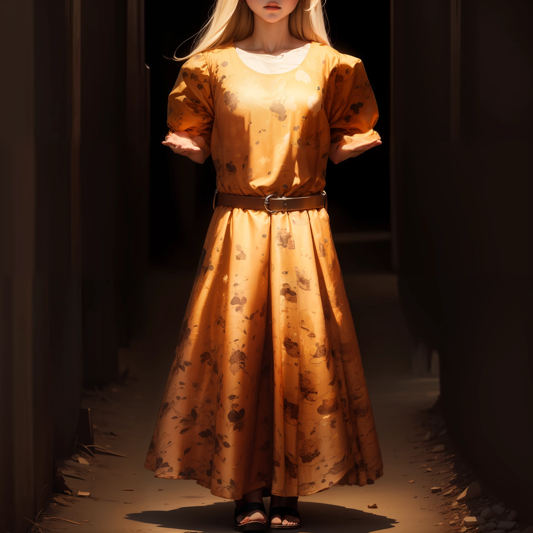 Young beauty Night bustling city Long skirt Long blonde hair People come and go