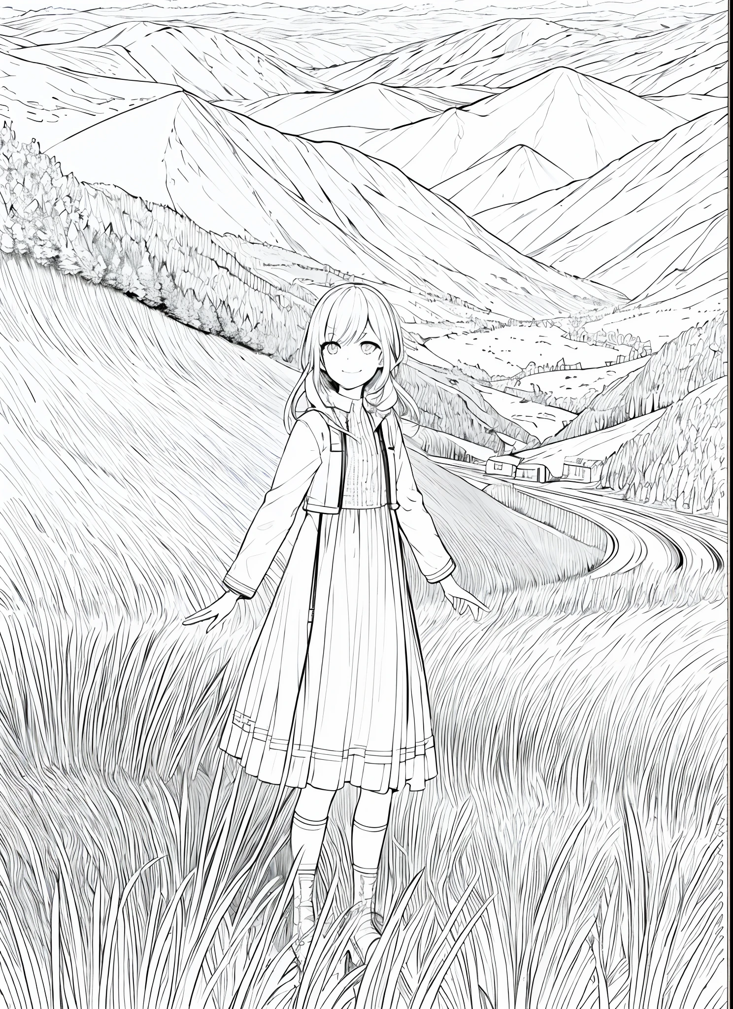 masterpiece, best quality, 1girl, solo, light smile, mountain, lake, meadow, panorama, jacket, kneehighs, boots, lineart, monochrome,