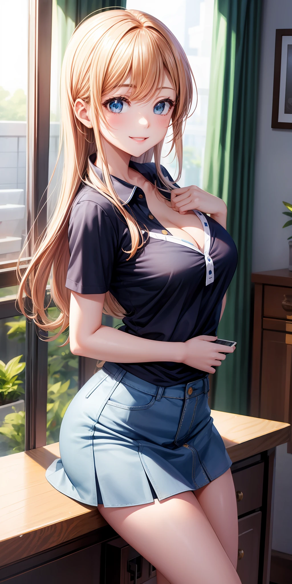 realisticlying、 1 人、selfee、Polo shirt、Wearing a ruffled miniskirt、Cleavage emphasis、Smile through your chest、A sexy